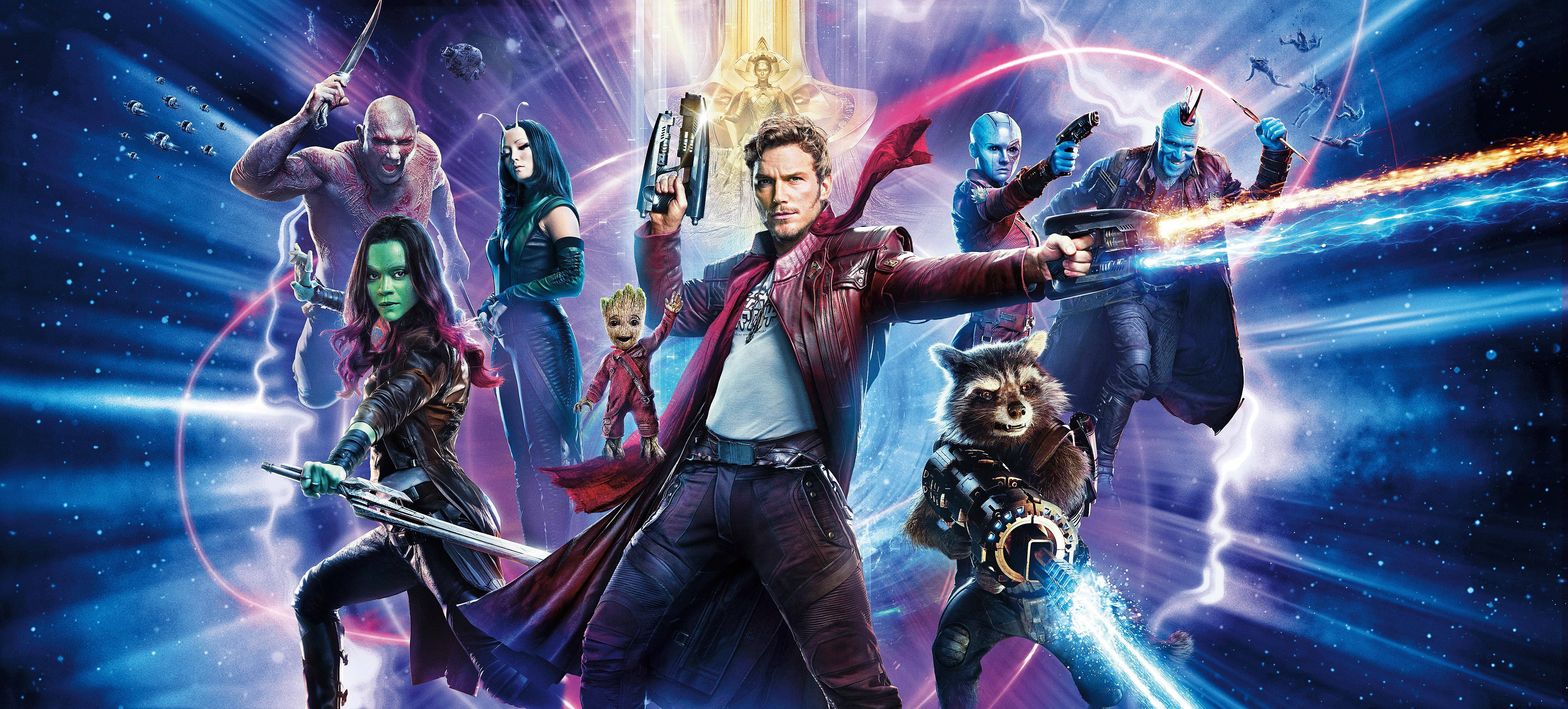 Guardians of the Galaxy, cosmic backdrop, glowing energy beams, 5K Desktop Wallpaper