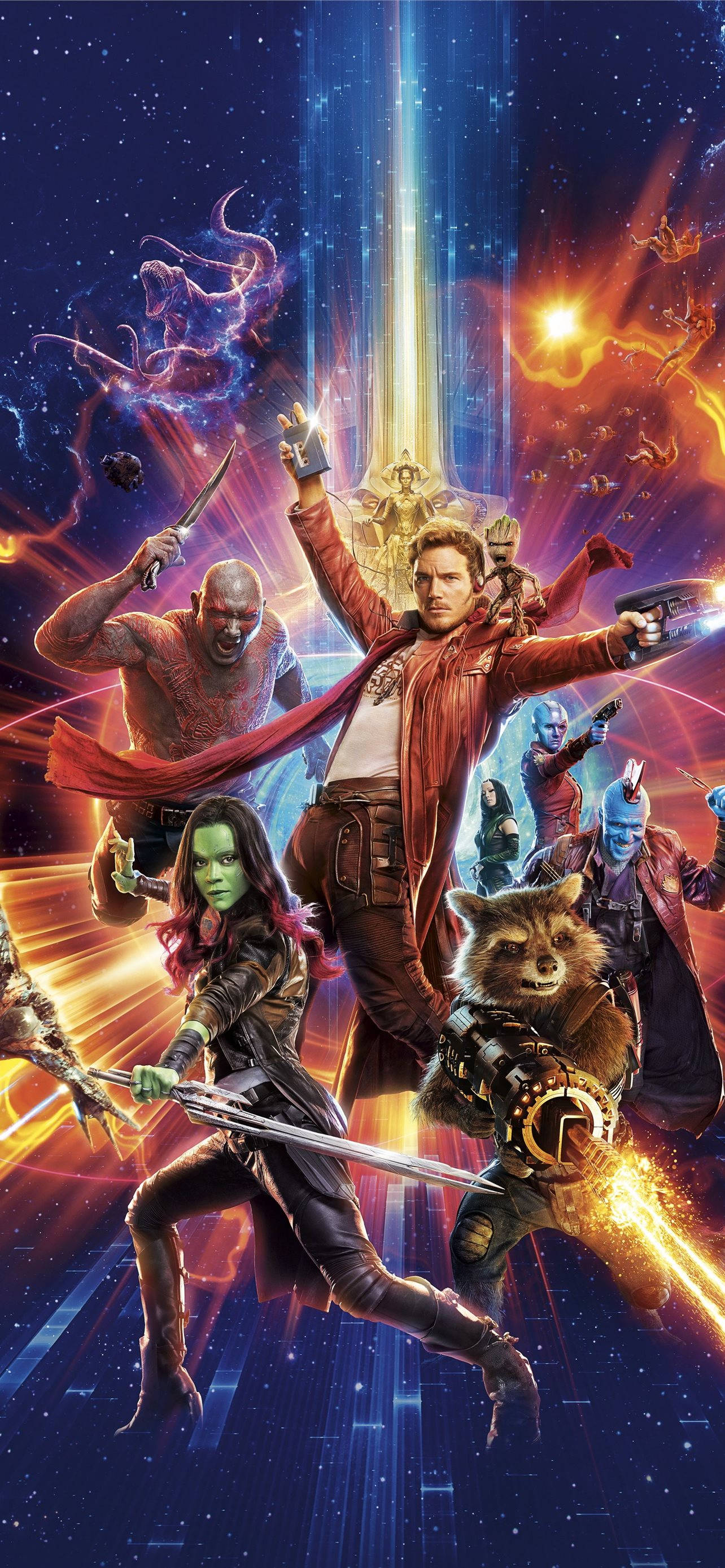 Guardians of the Galaxy, cosmic backdrop, glowing energy beams, 2K Phone Wallpaper