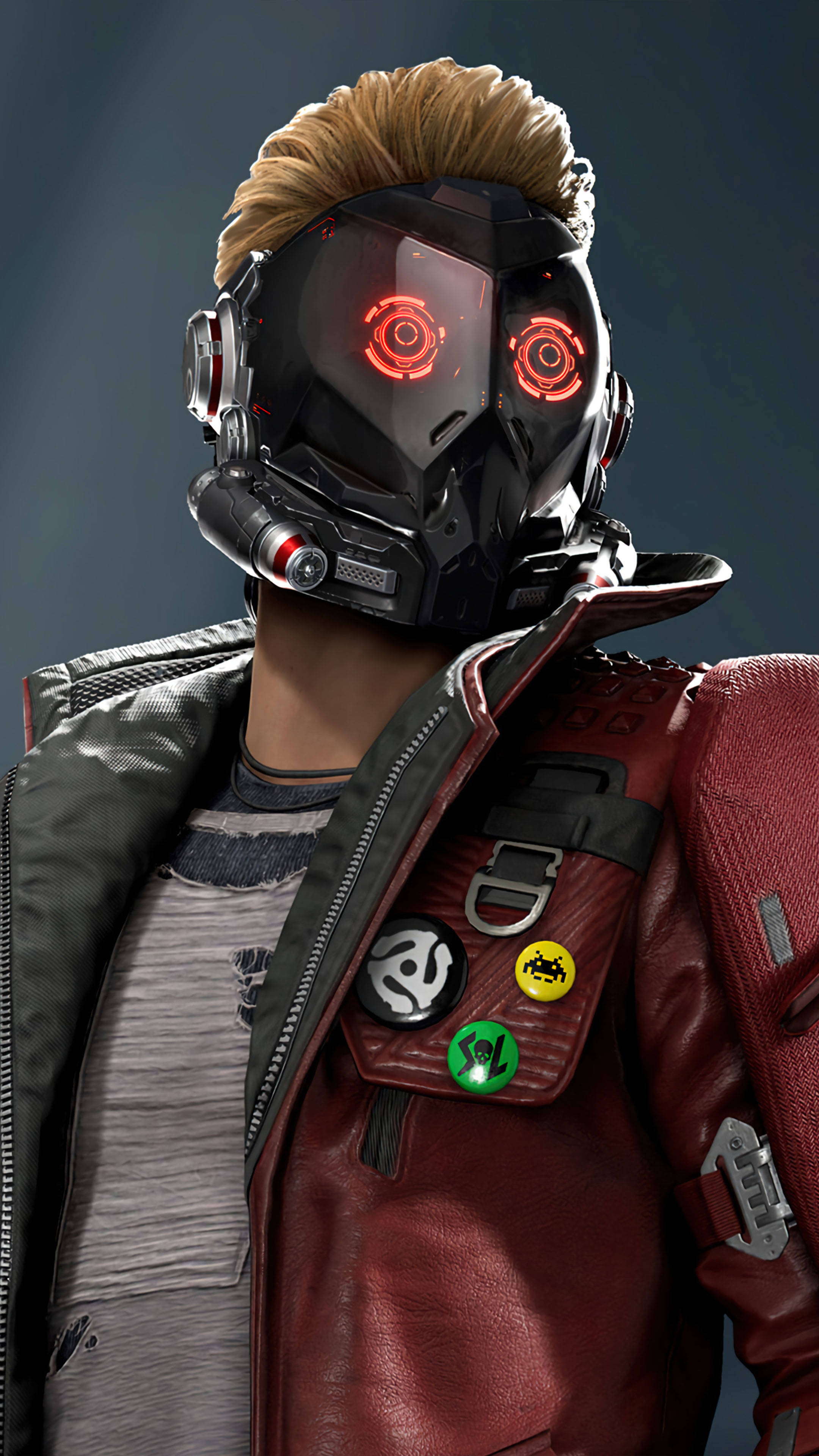 Guardians of the Galaxy, red leather jacket, glowing red helmet, 4K Phone Wallpaper