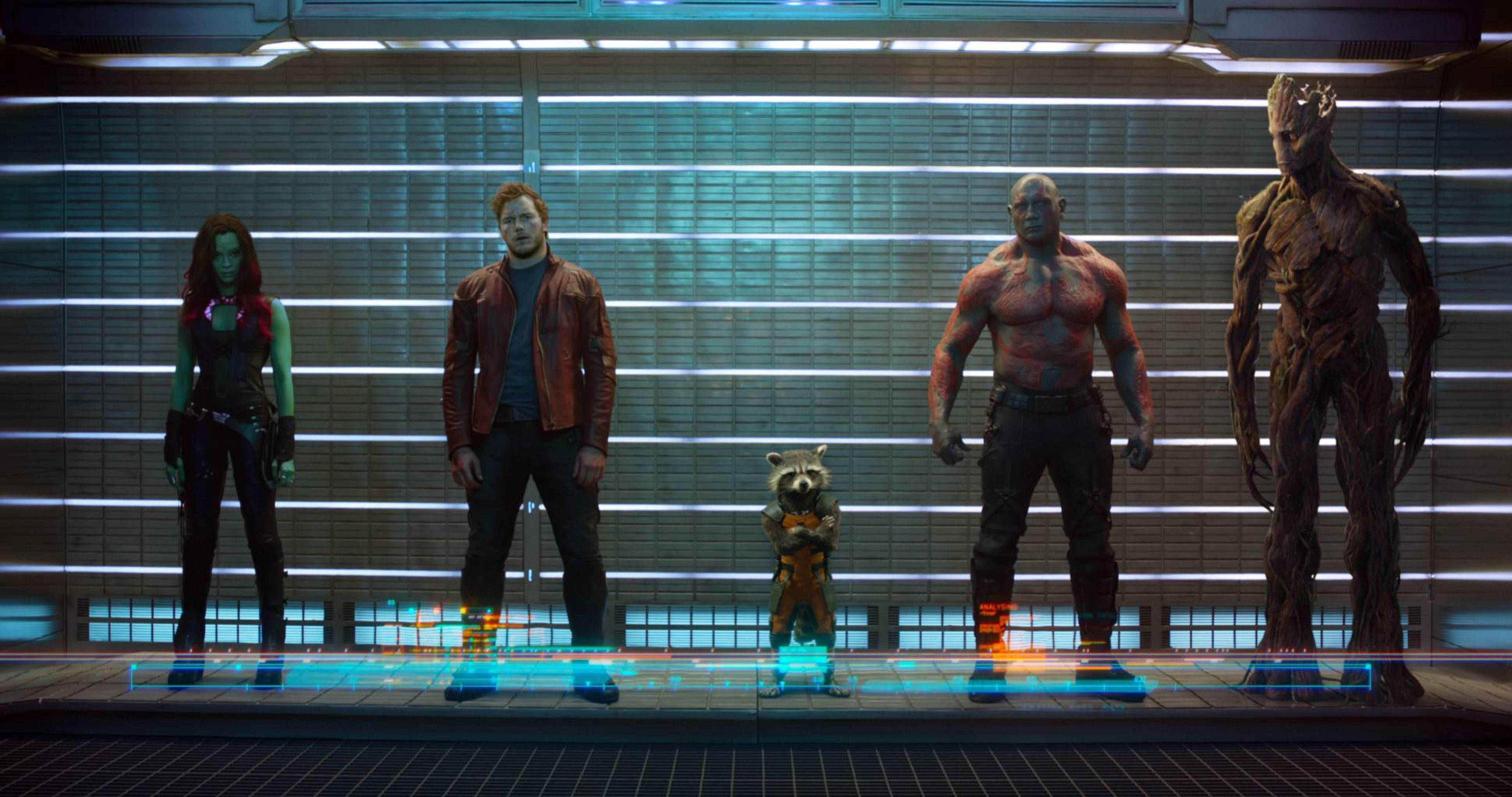Guardians Of The Galaxy, futuristic spaceship corridor, glowing blue horizontal lights, 4K Desktop Wallpaper