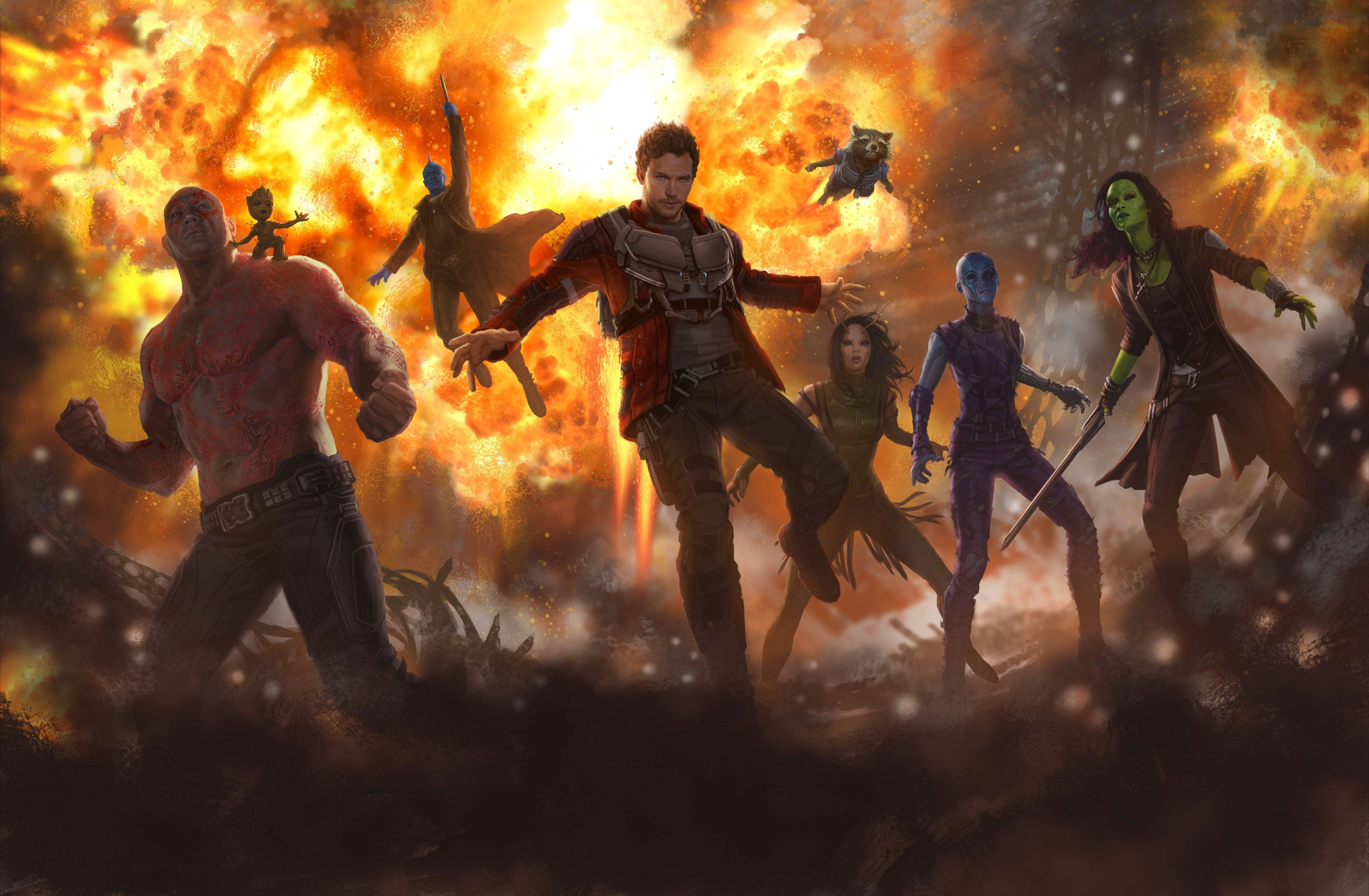 Guardians of the Galaxy, intergalactic adventures, fiery explosive backdrop, 4K Desktop Wallpaper