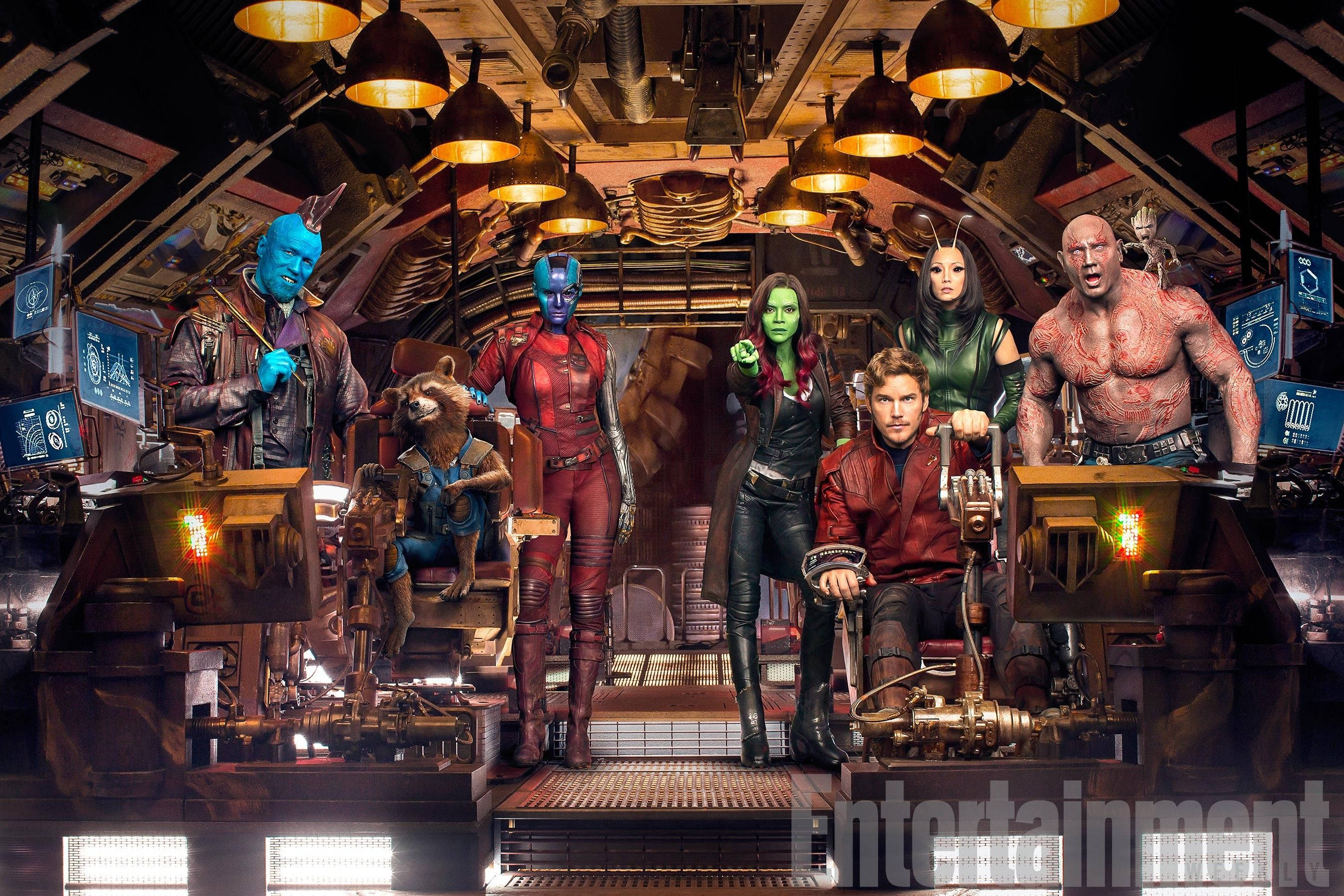 Guardians of the Galaxy, spaceship cockpit, warm glowing lights, 2K Desktop Wallpaper