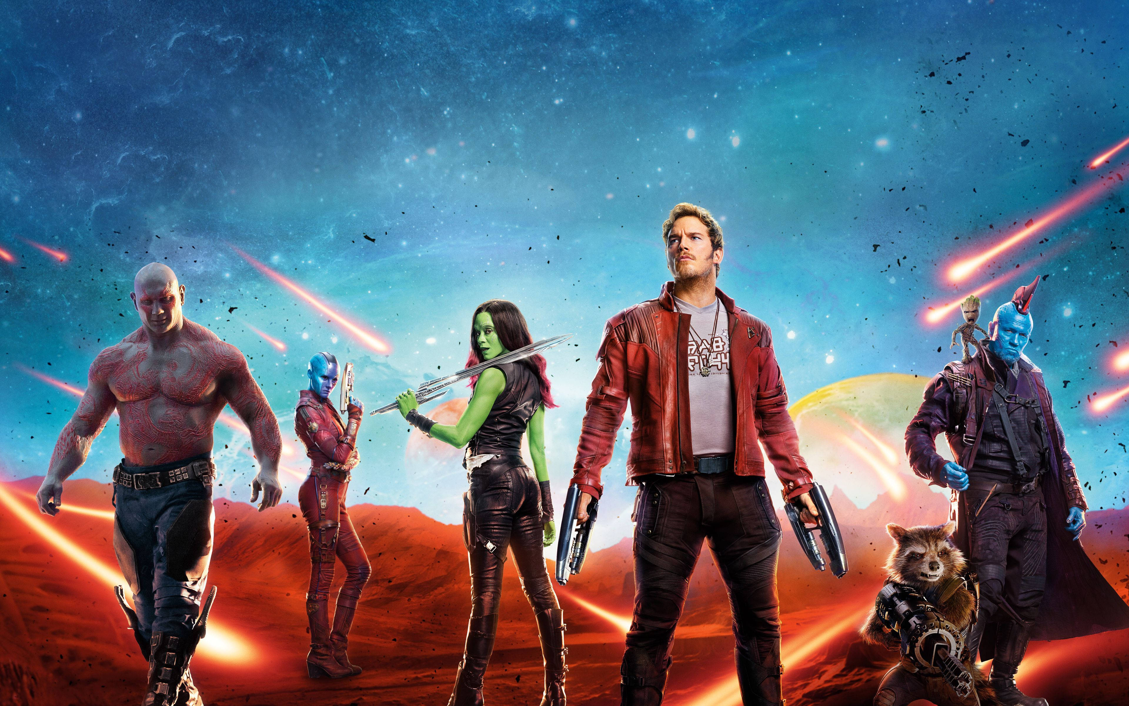 Guardians of the Galaxy, fiery alien planet, starry cosmic sky, 4K Desktop Wallpaper