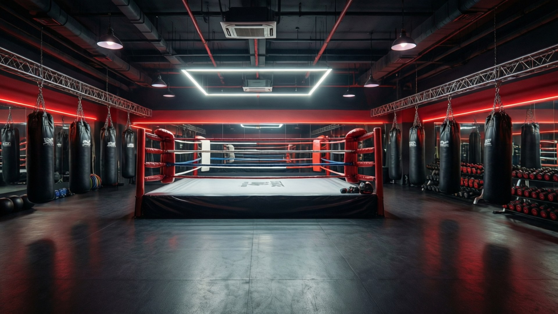 ring, boxing-themed gym, heavy bags, Full HD Desktop Wallpaper