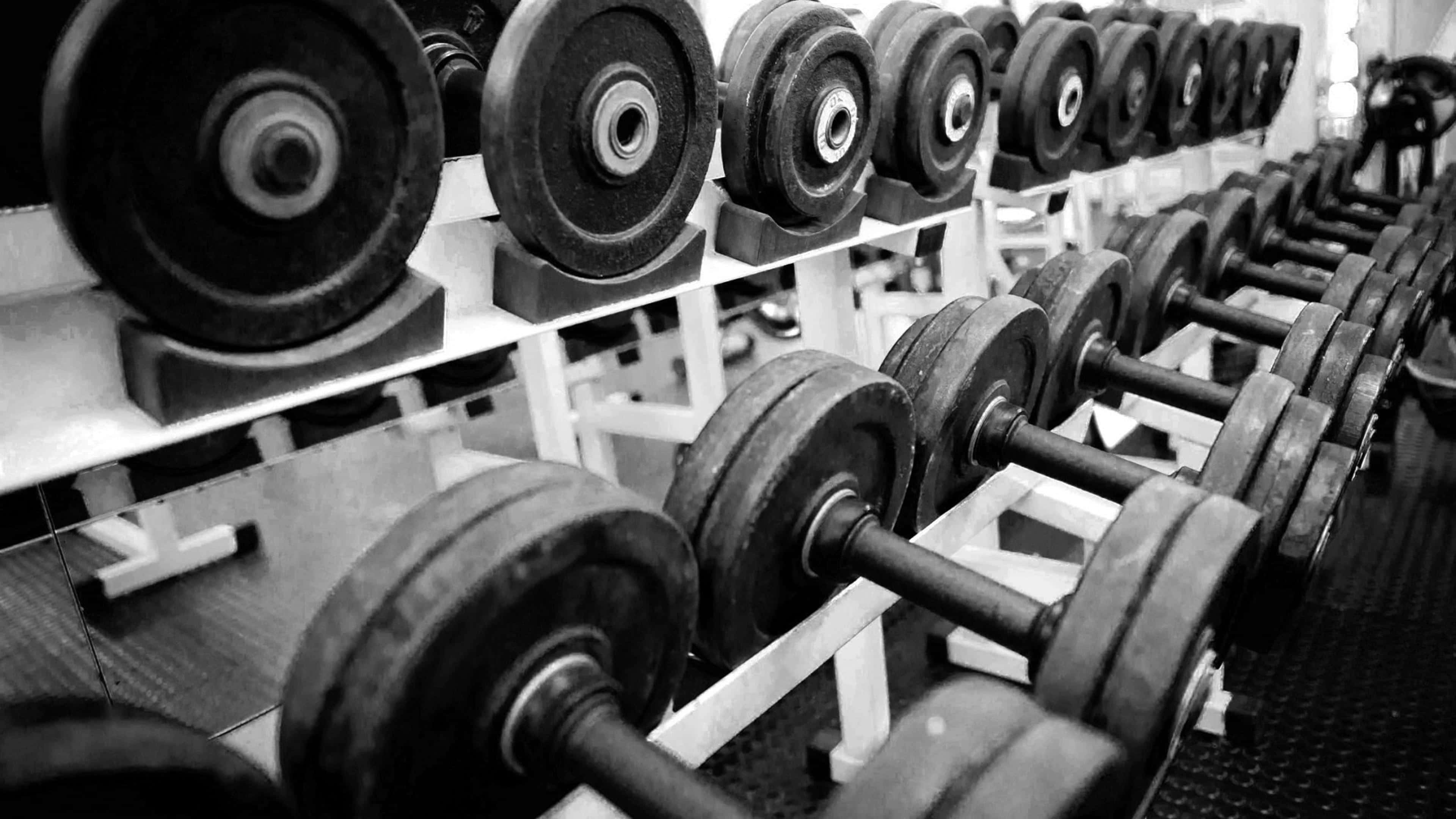 4K Gym, heavy dumbbells, racks, 4K Desktop Wallpaper