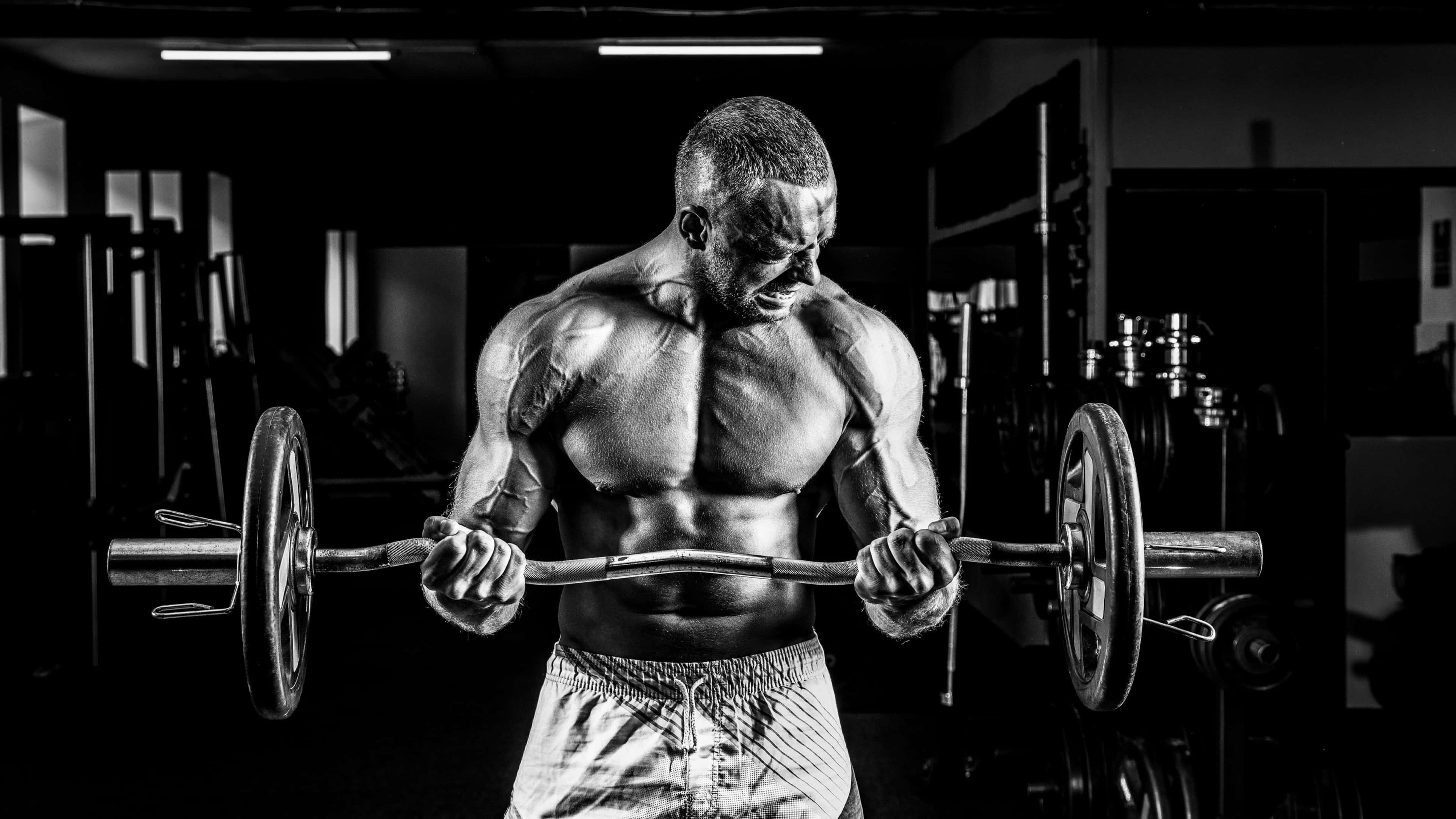 4K Gym, barbell, dimly lit gym, 4K Desktop Wallpaper