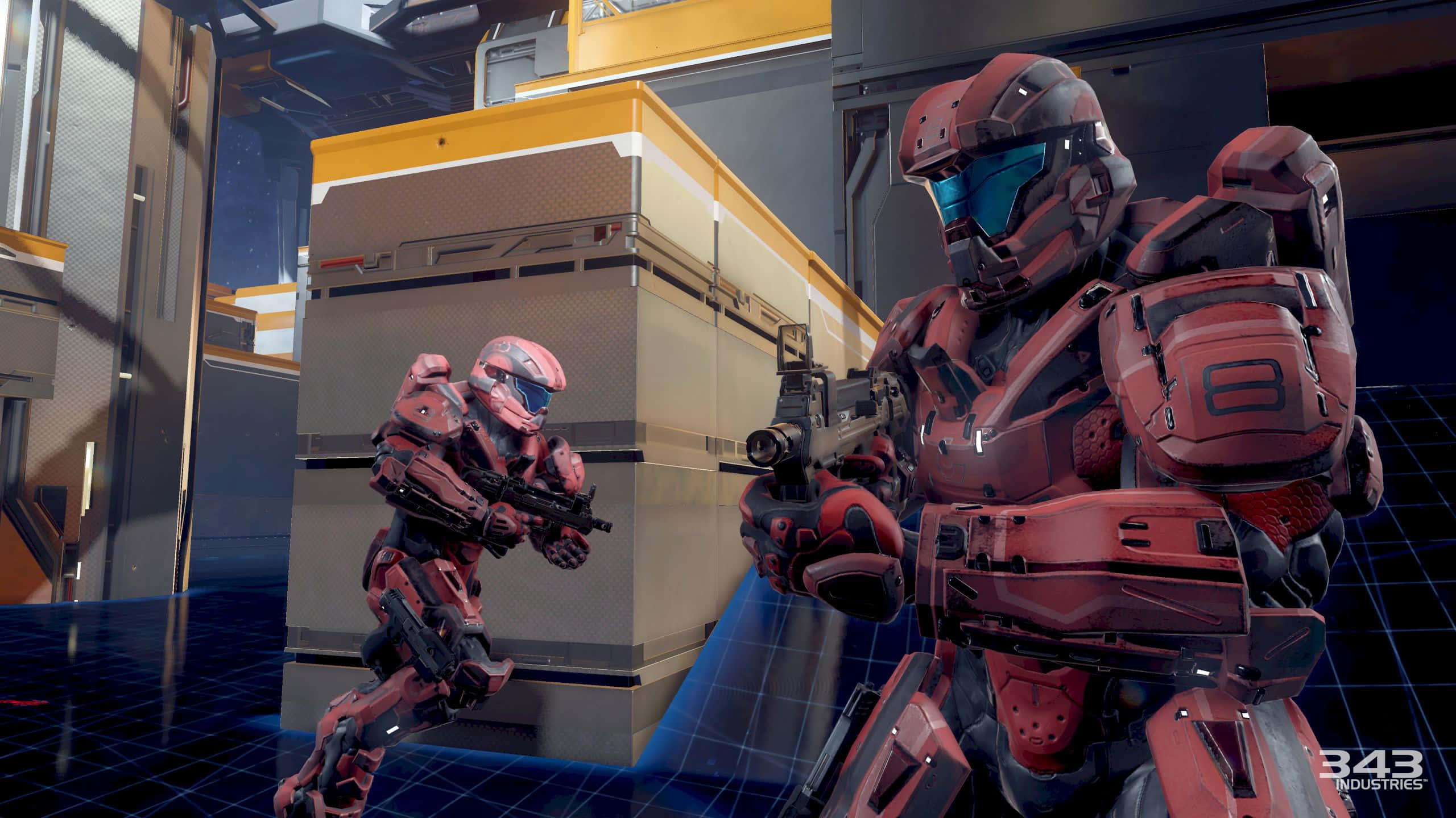 4K Halo 5, red and pink armor, futuristic sci-fi corridor, 2K Desktop Wallpaper
