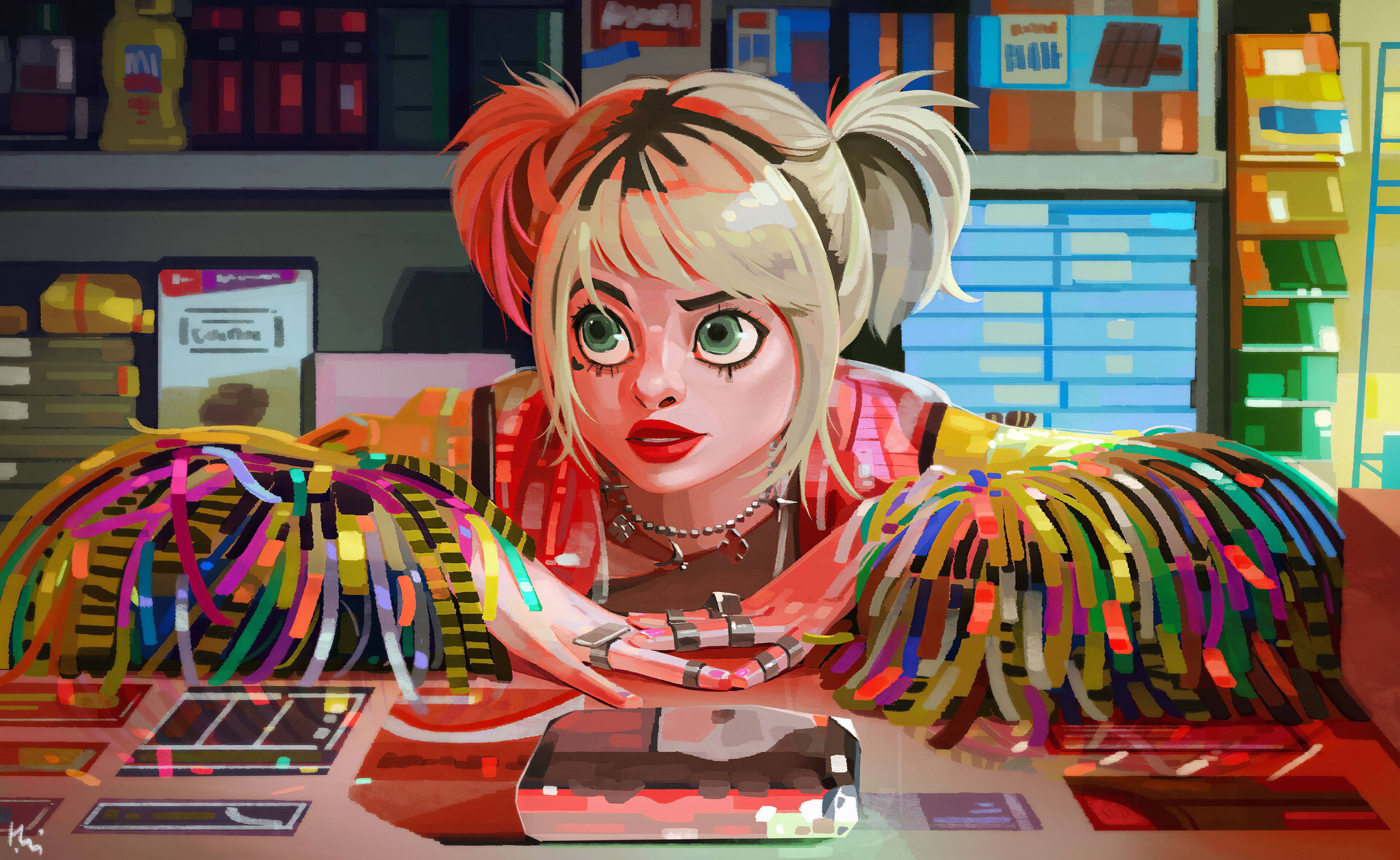 Harley Quinn, anime-style, colorful store, 4K Desktop Wallpaper