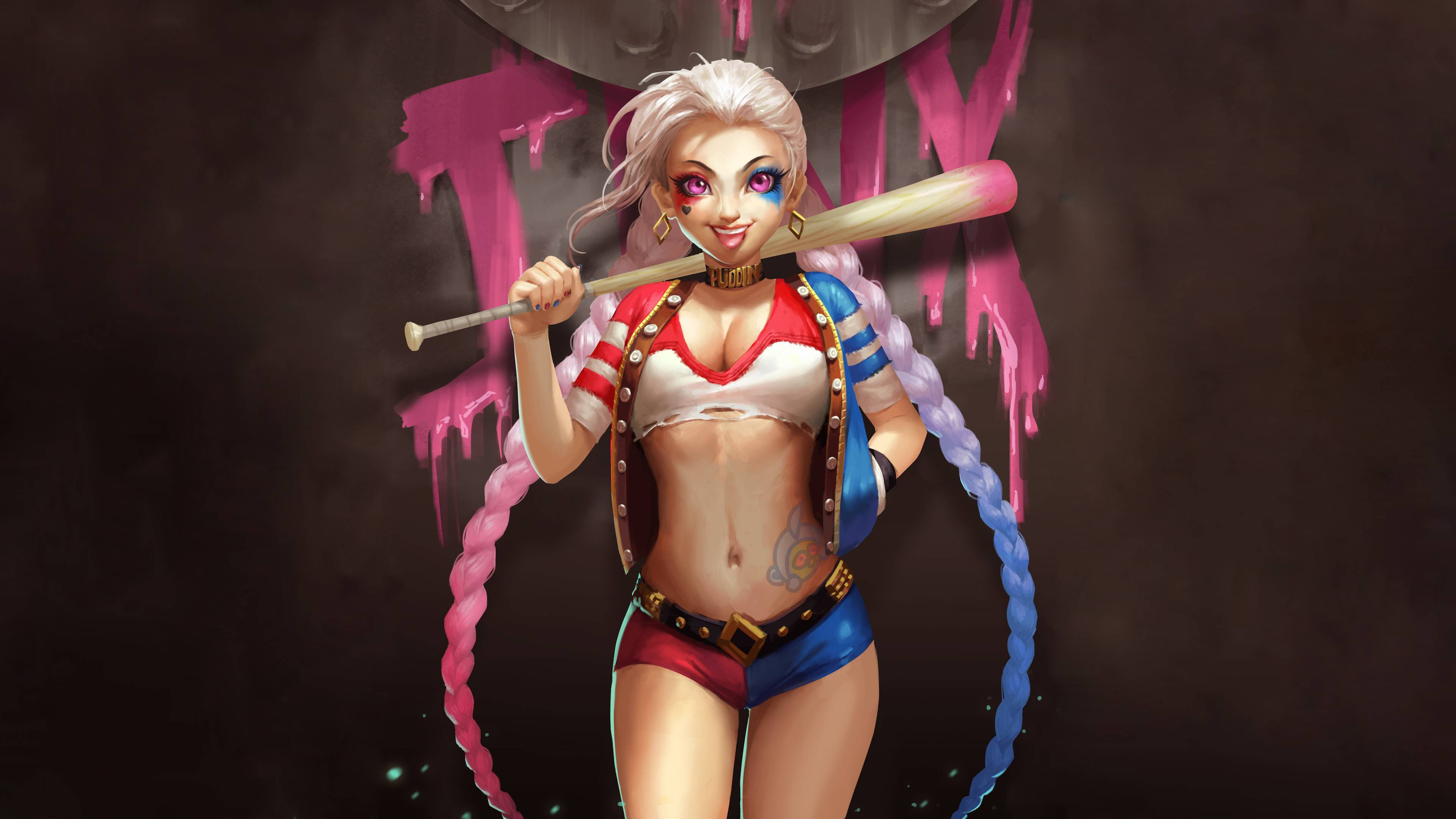 Harley Quinn, pink and blue pigtails, baseball bat, 4K Desktop Wallpaper