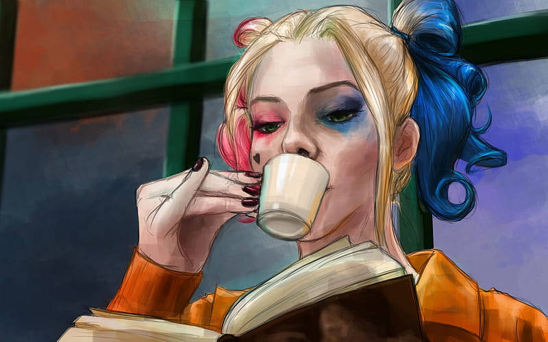 Harley Quinn, orange, colorful hair, SD Desktop Wallpaper