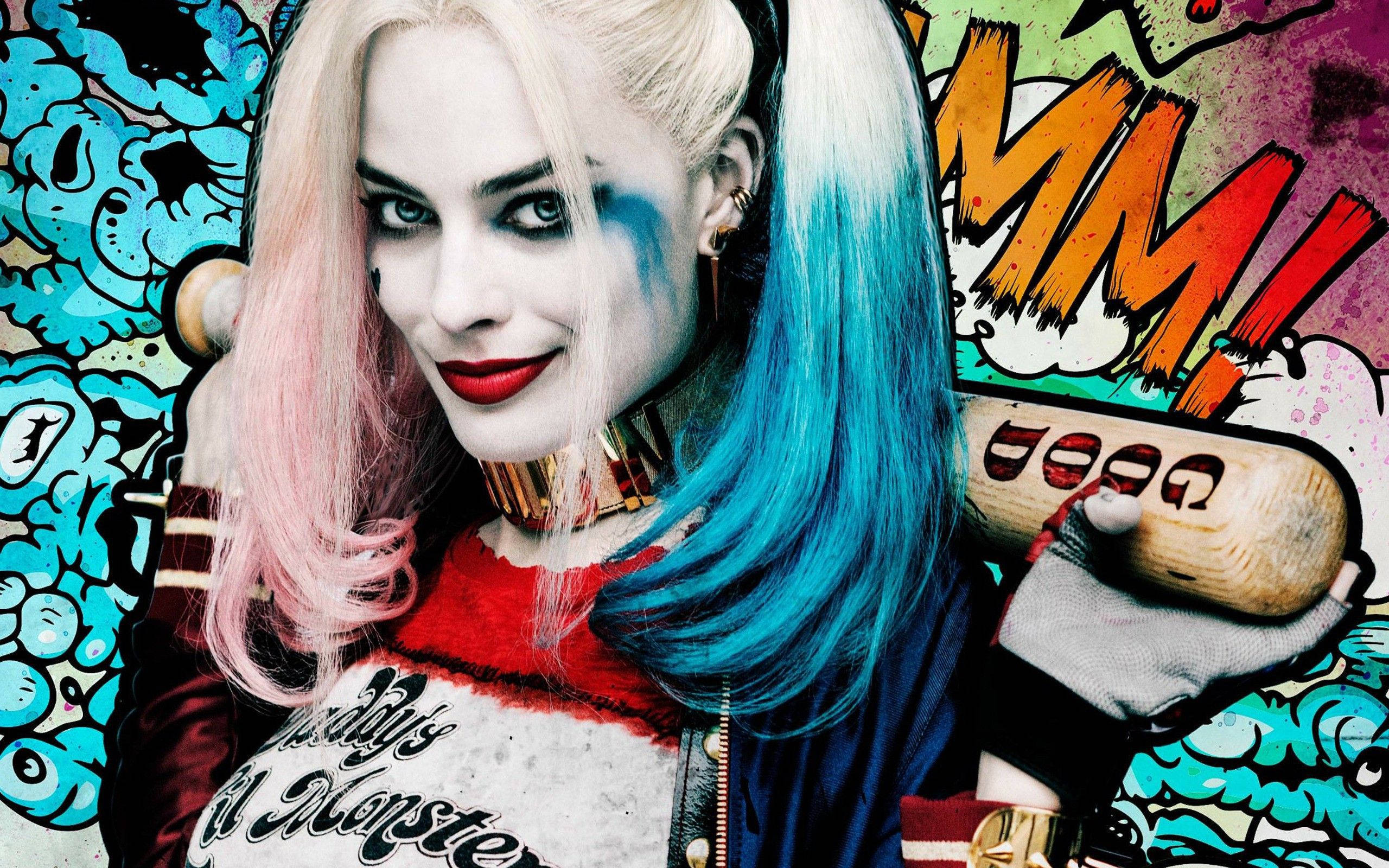 Harley Quinn, baseball bat, vibrant comic book style background, 2K Desktop Wallpaper