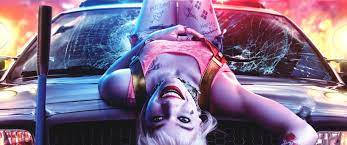 Harley Quinn, shattered police car, baseball bat, SD Desktop Wallpaper