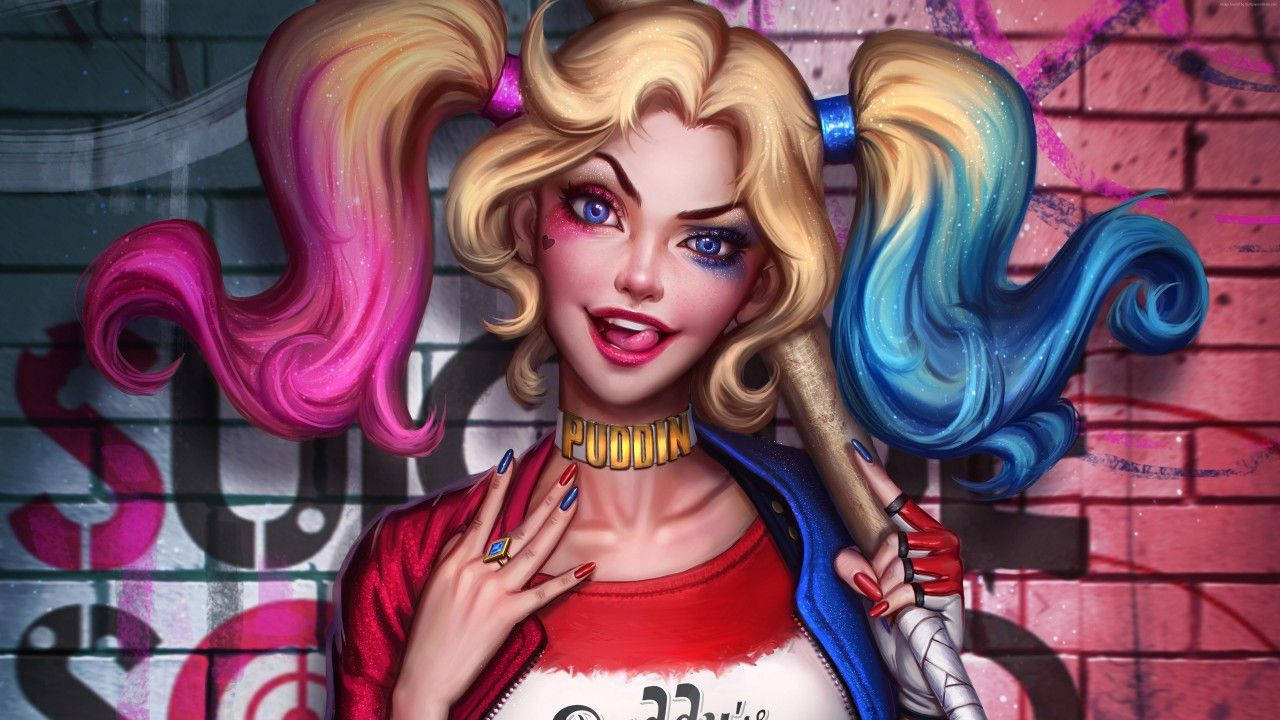 Harley Quinn, pink and blue pigtails, graffiti-covered brick wall, HD Desktop Wallpaper