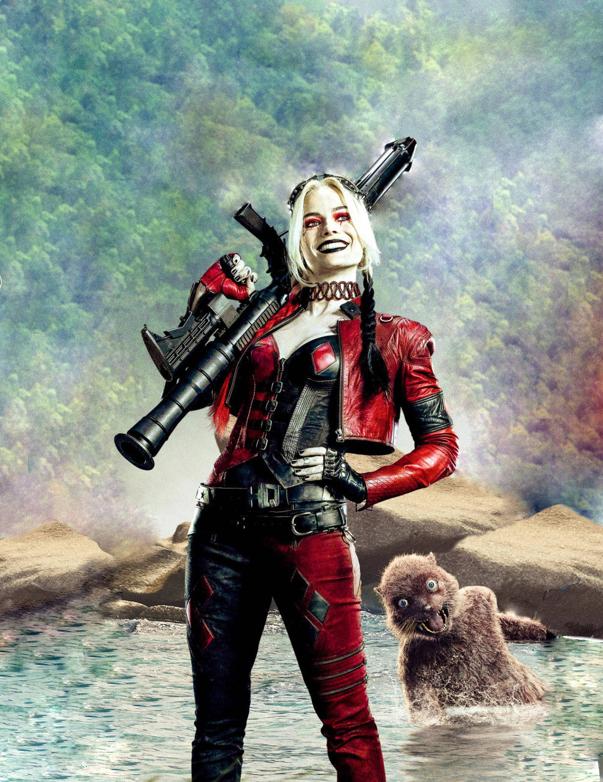 Harley Quinn, red leather outfit, large gun, HD Phone Wallpaper