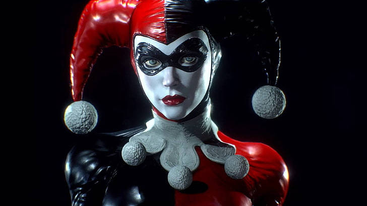 Harley Quinn, red and black jester outfit, dark background, SD Desktop Wallpaper