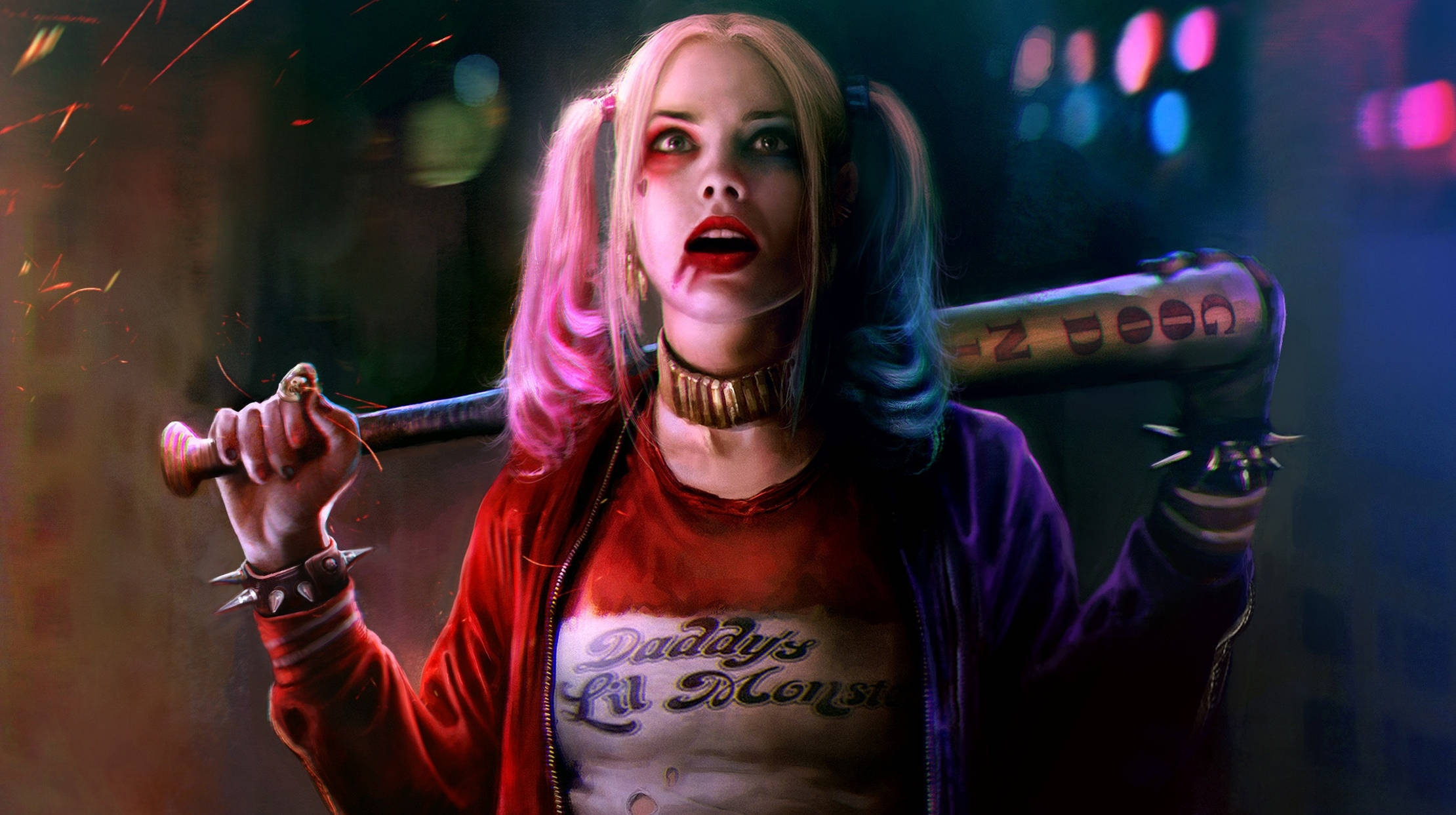 Harley Quinn, baseball bat, sparks, Full HD Desktop Wallpaper