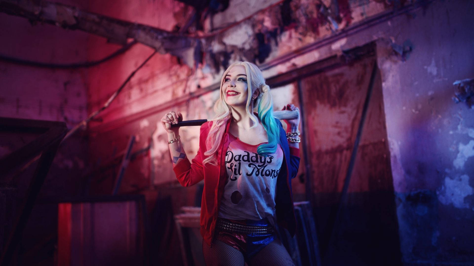 Harley Quinn, red jacket, Daddy's Lil Monster shirt, Full HD Desktop Wallpaper