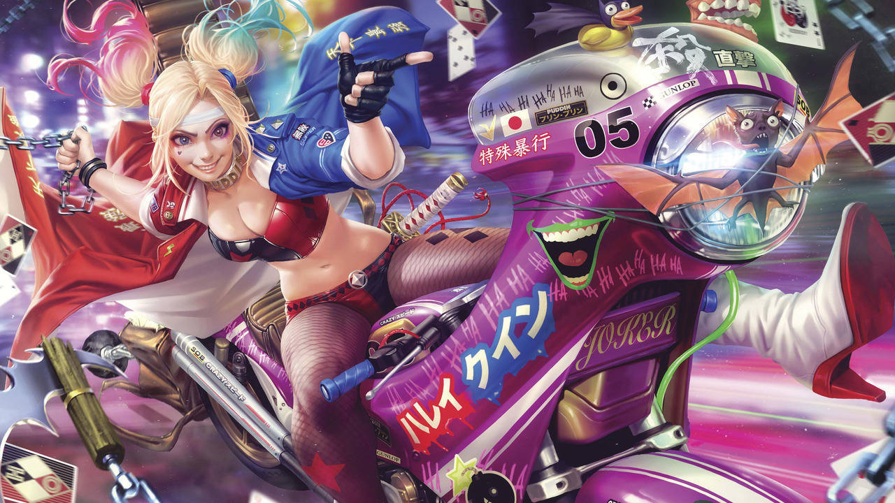 Harley Quinn, purple motorcycle, Japanese text, HD Desktop Wallpaper