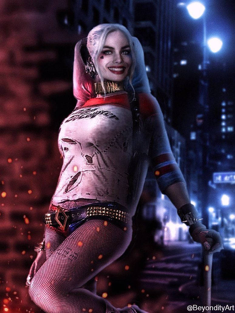 Harley Quinn, jester outfit, neon-lit urban night backdrop, SD Phone Wallpaper