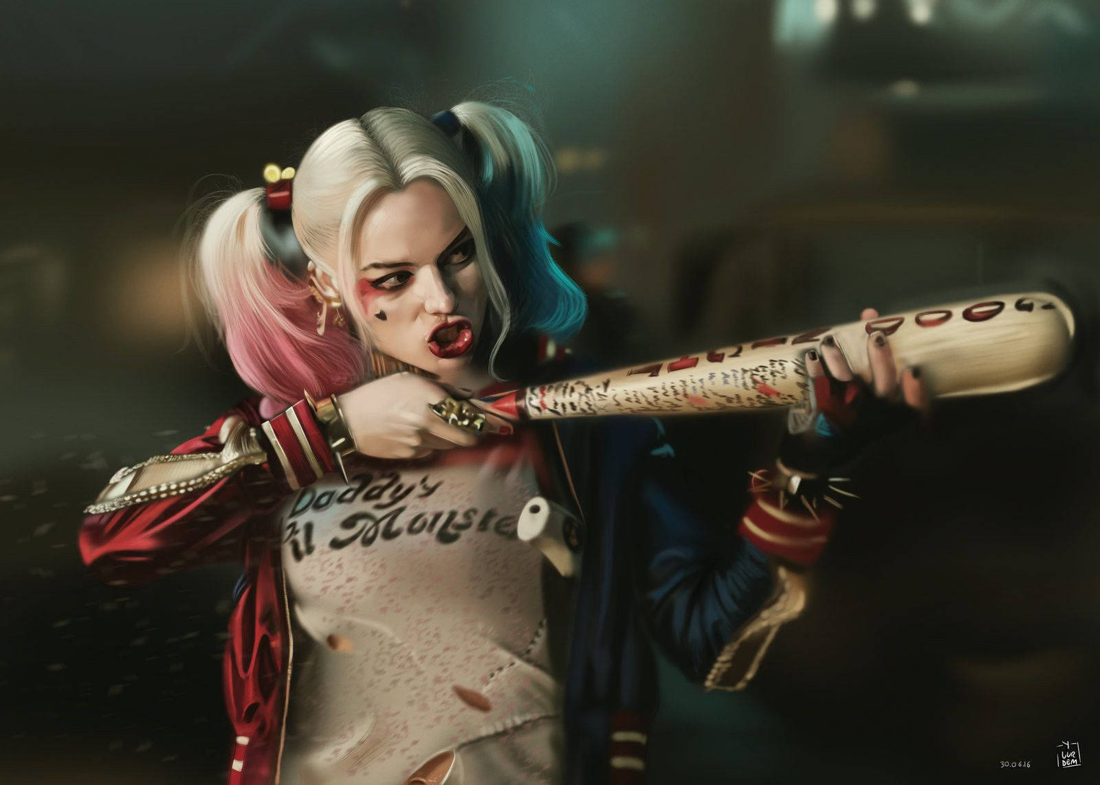 Harley Quinn, pink and blue pigtails, graffiti-covered baseball bat, HD Desktop Wallpaper