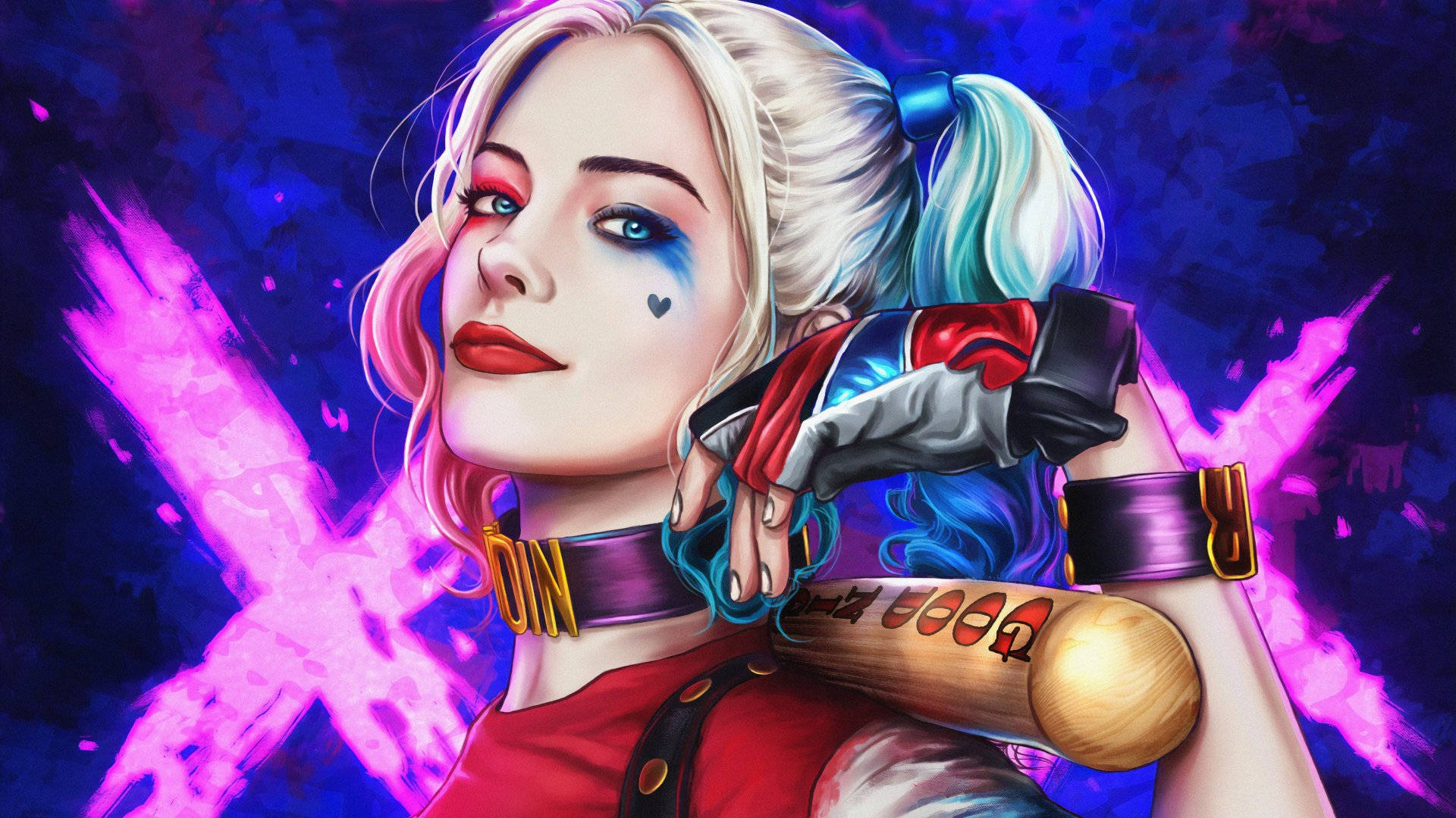 Harley Quinn, baseball bat, vibrant purple, Full HD Desktop Wallpaper