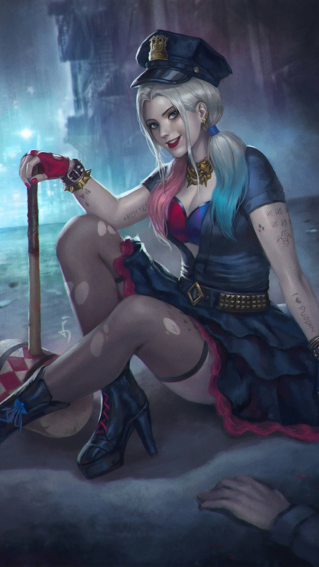 Harley Quinn, police uniform, bat, Full HD Phone Wallpaper