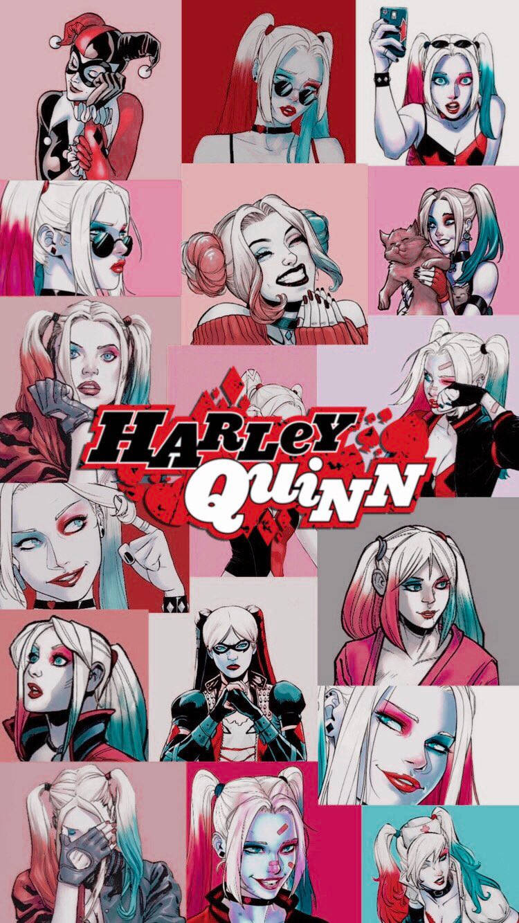 Harley Quinn, comic-style collage, pink background, HD Phone Wallpaper
