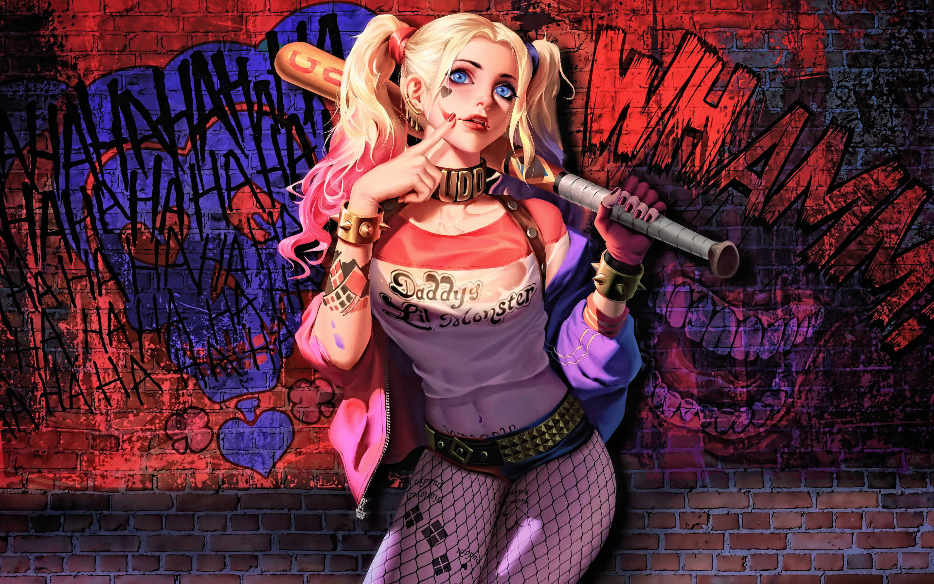 Harley Quinn, baseball bat, graffiti-covered brick wall, Full HD Desktop Wallpaper