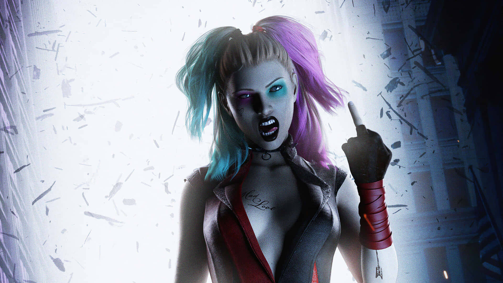 Harley Quinn, shattered urban setting, debris flies, Full HD Desktop Wallpaper