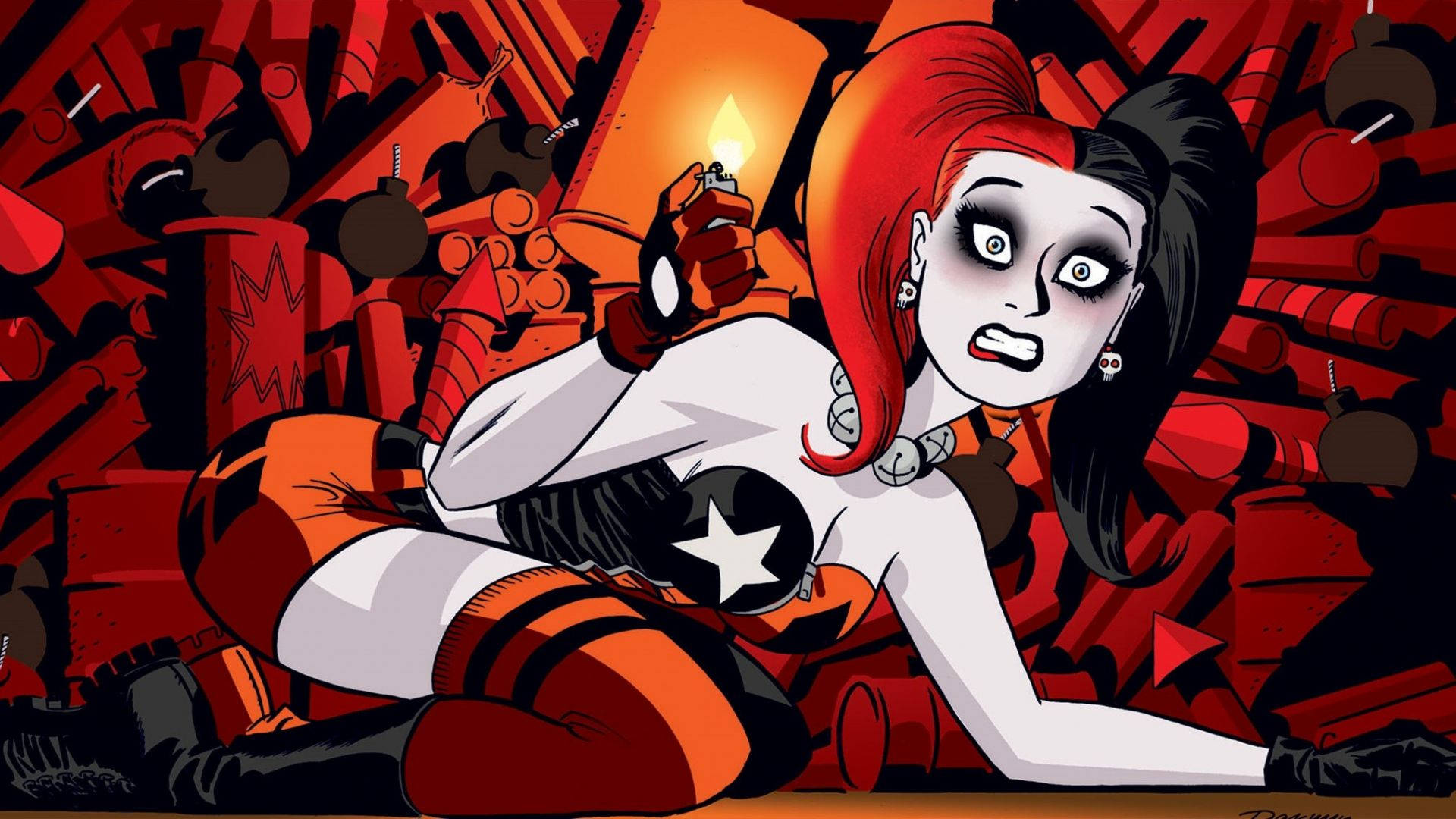 Harley Quinn, red bombs, lit lighter, Full HD Desktop Wallpaper