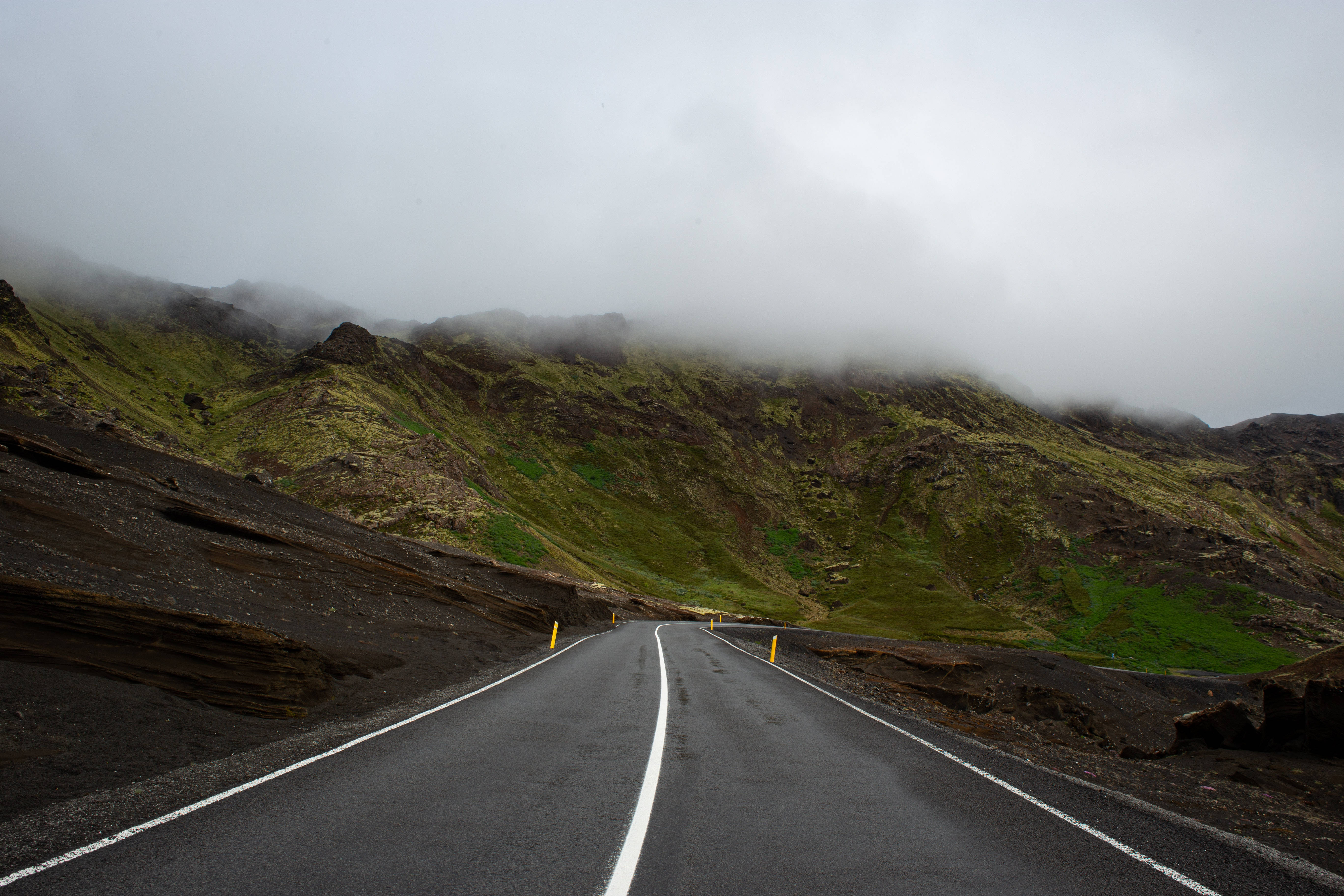 empty road, wet asphalt road, misty green hills, 5K Desktop Wallpaper