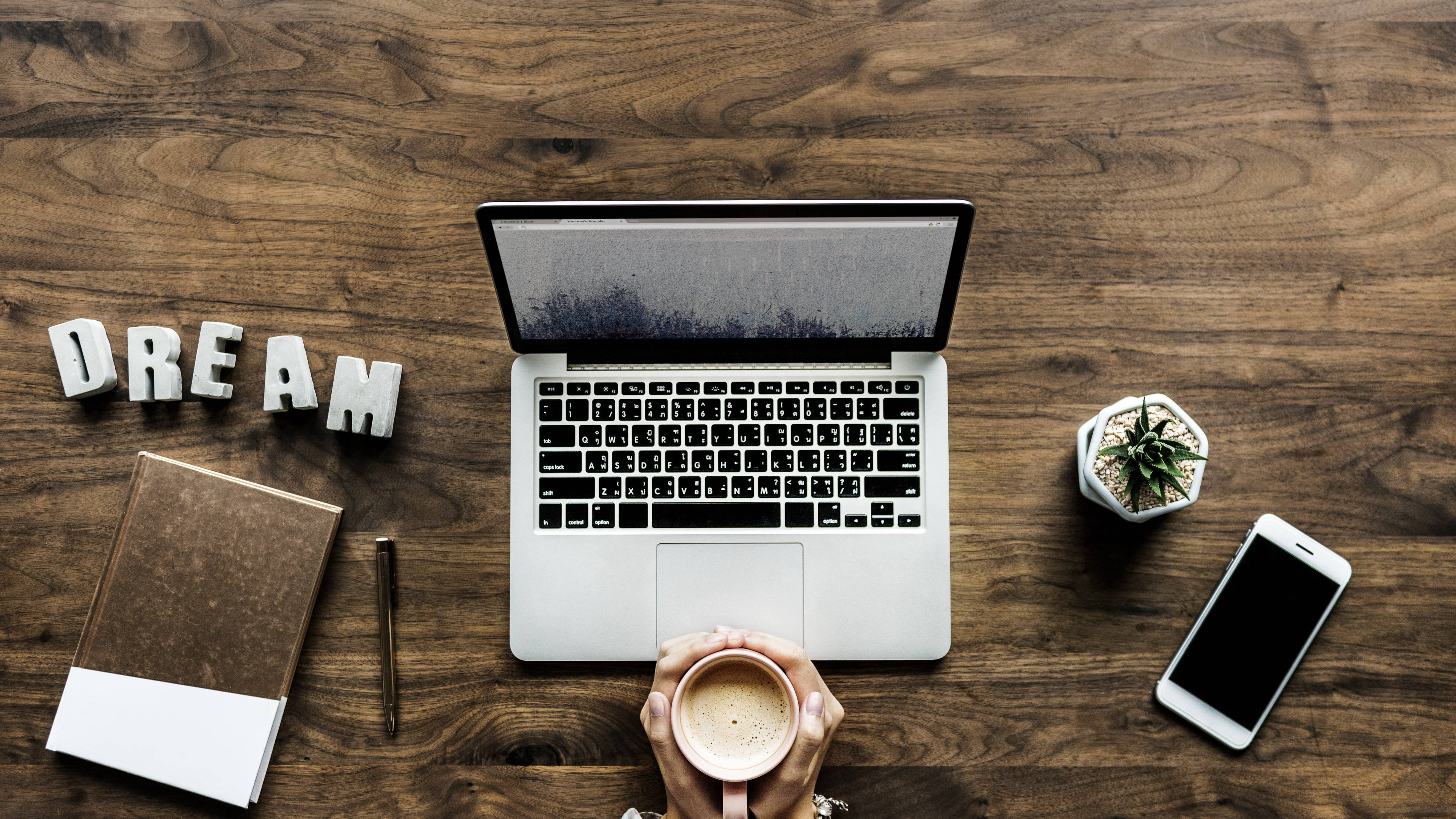 4K Laptop Dream Desk, wooden desk, hands, 4K Desktop Wallpaper