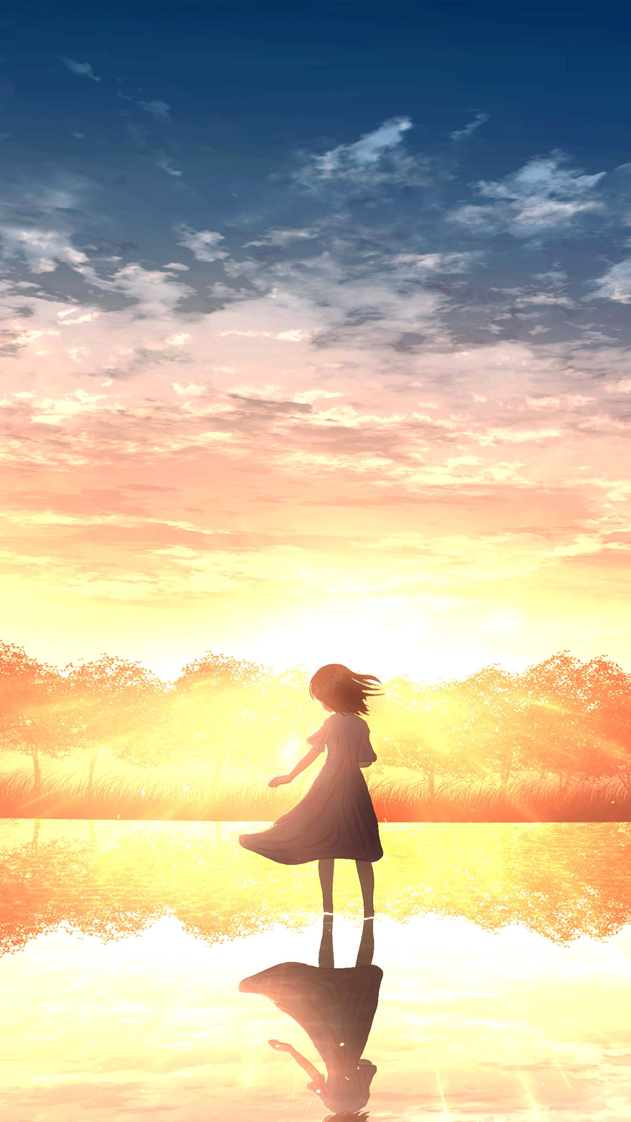 girl, sunset, water, 4K Phone Wallpaper