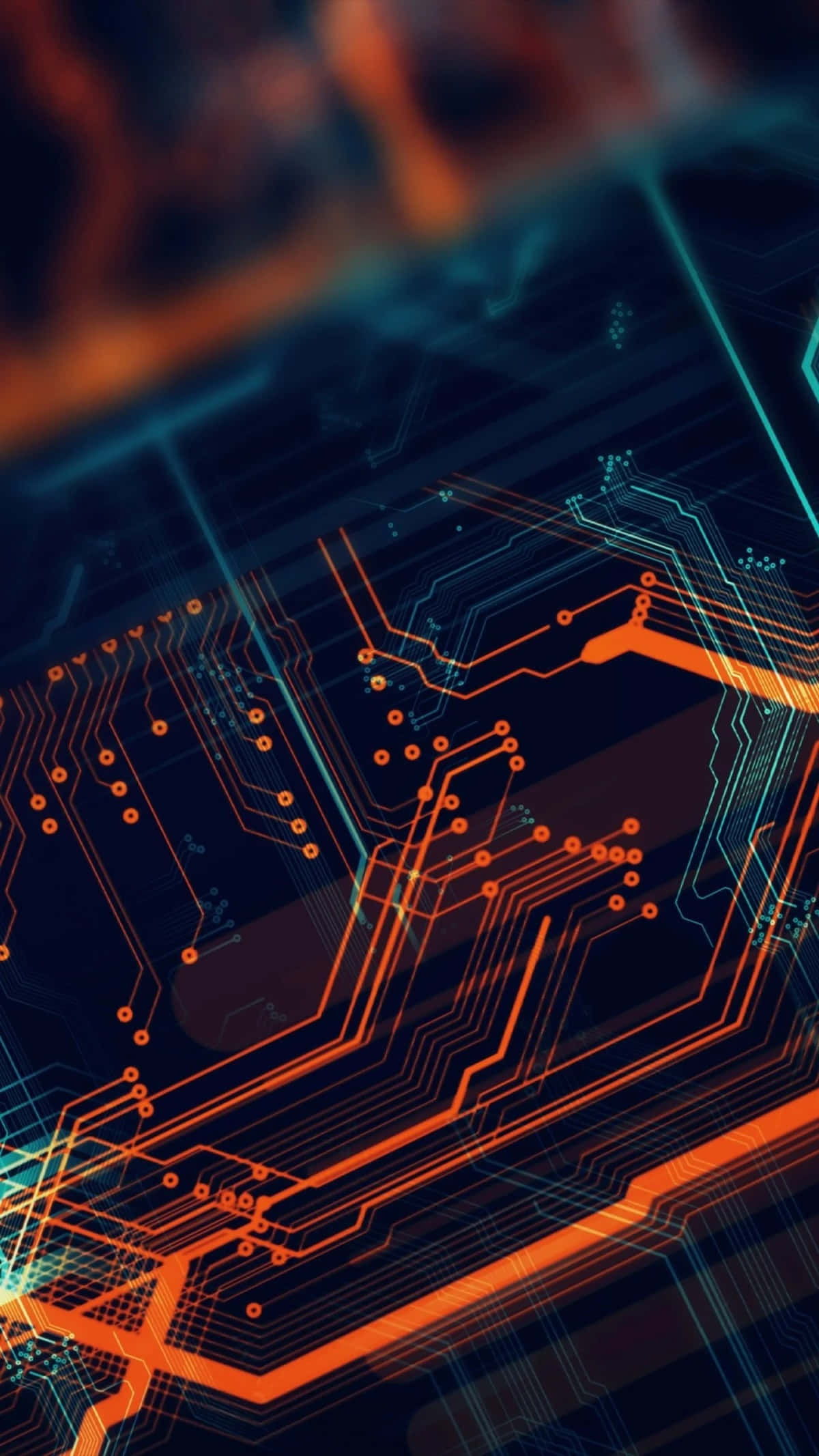 circuit board, glowing orange and cyan lines, dark background, Full HD Phone Wallpaper