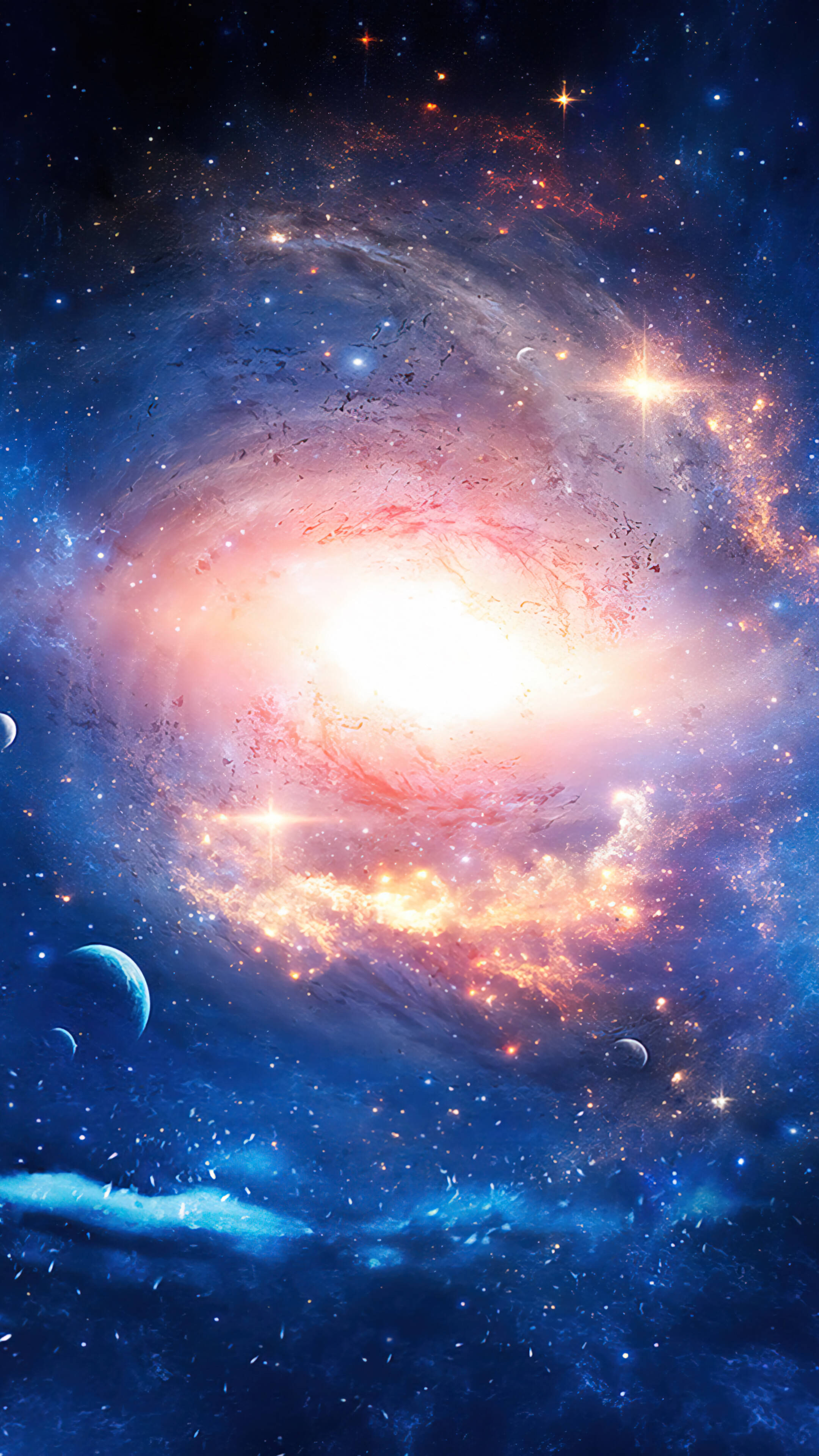 spiral galaxy, golden light, deep blue cosmic backdrop, 4K Phone Wallpaper