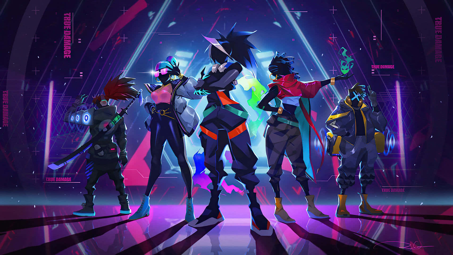 neon-lit cyberpunk arena, glowing geometric patterns, floating text, Full HD Desktop Wallpaper