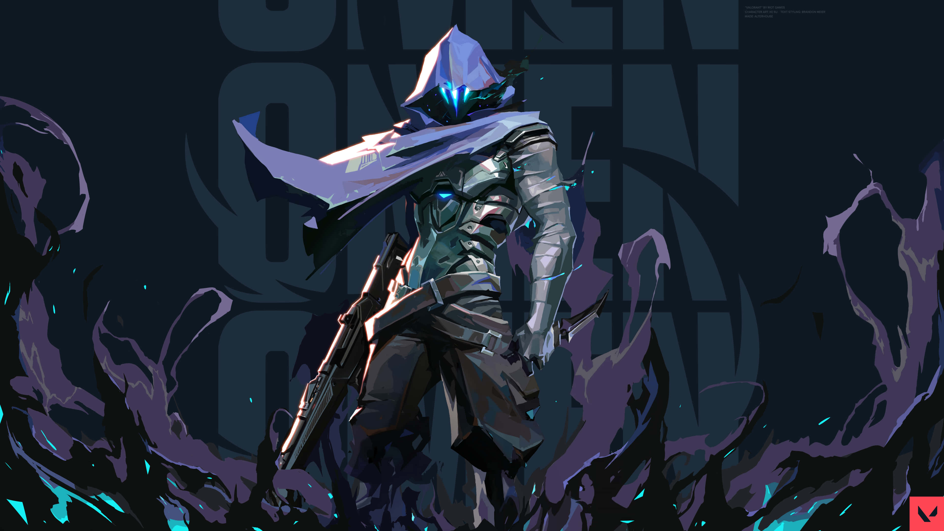 Valorant, hooded armored warrior, glowing blue eyes, 4K Desktop Wallpaper