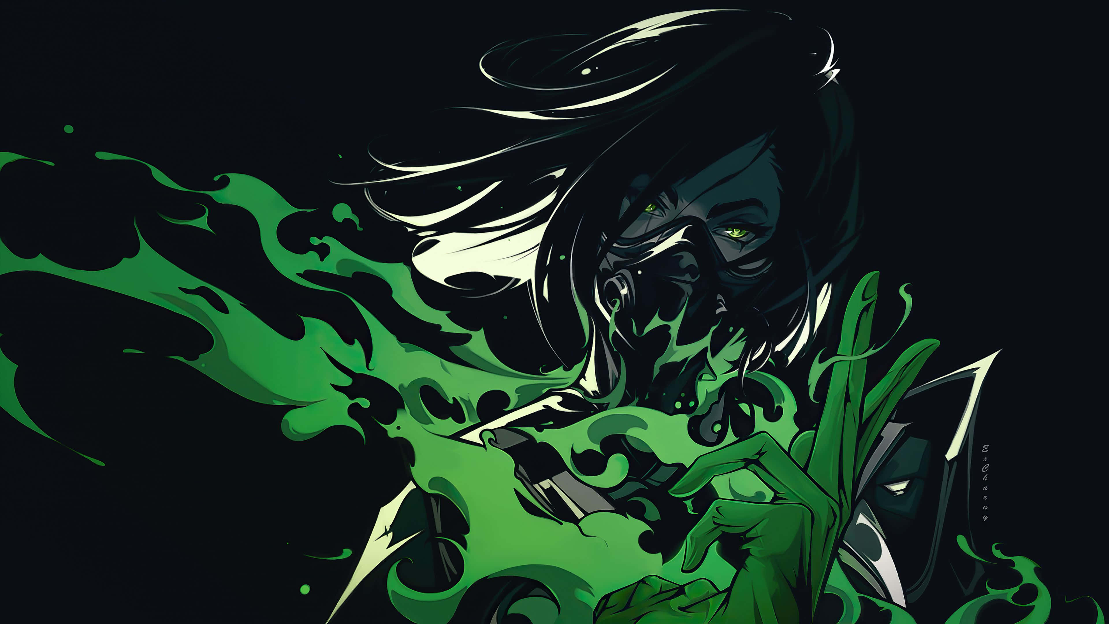 4K HD Valorant, masked figure, glowing green eyes, 4K Desktop Wallpaper