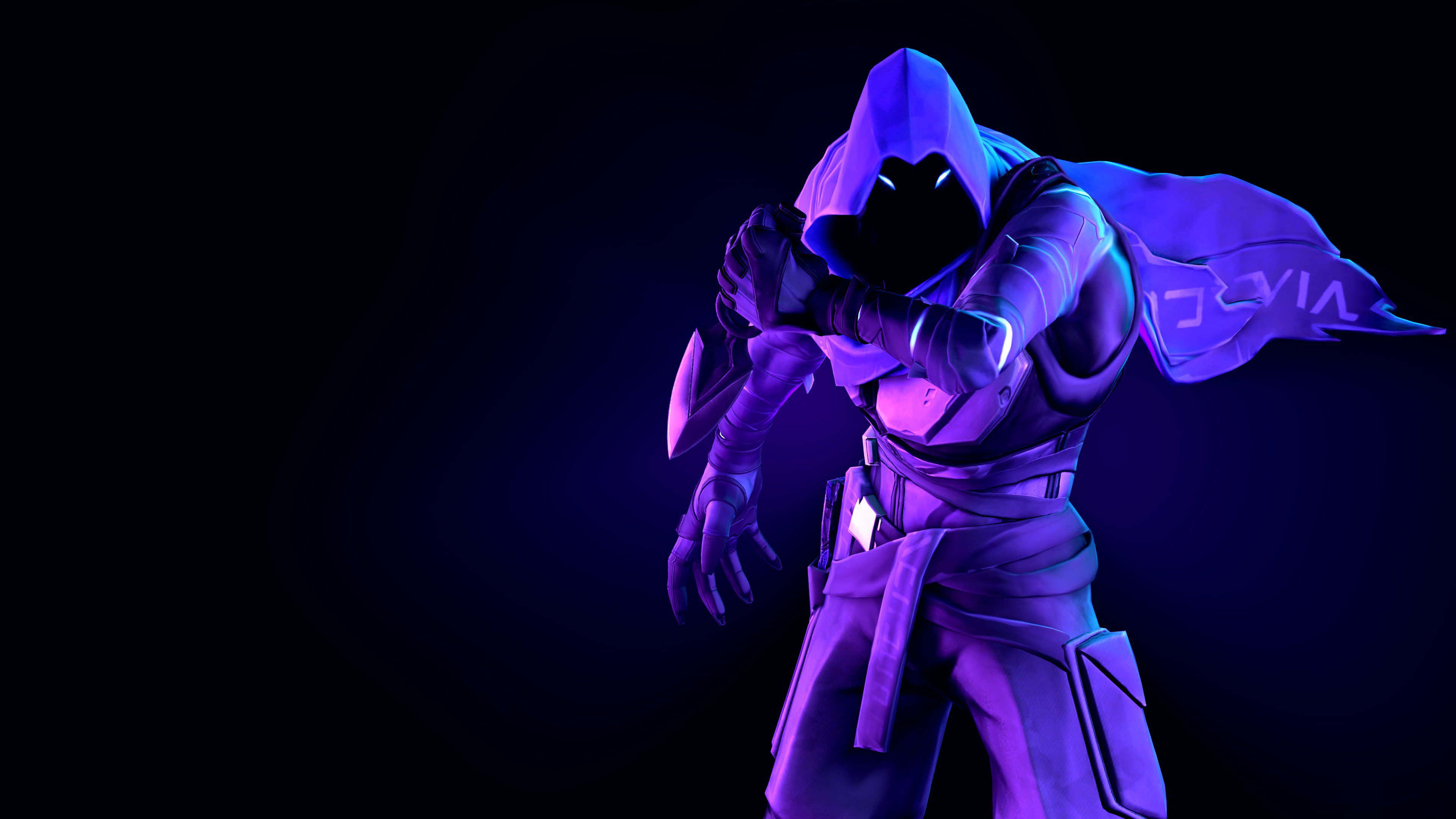 4K HD Valorant, hooded digital warrior, vibrant purple light, 4K Desktop Wallpaper
