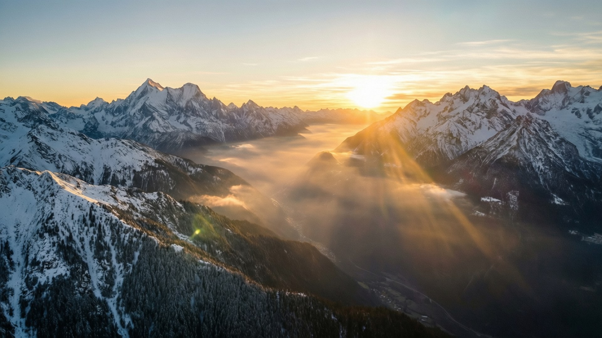Golden Mountain Dawn, snow-capped mountains, sunrise, Full HD Desktop Wallpaper