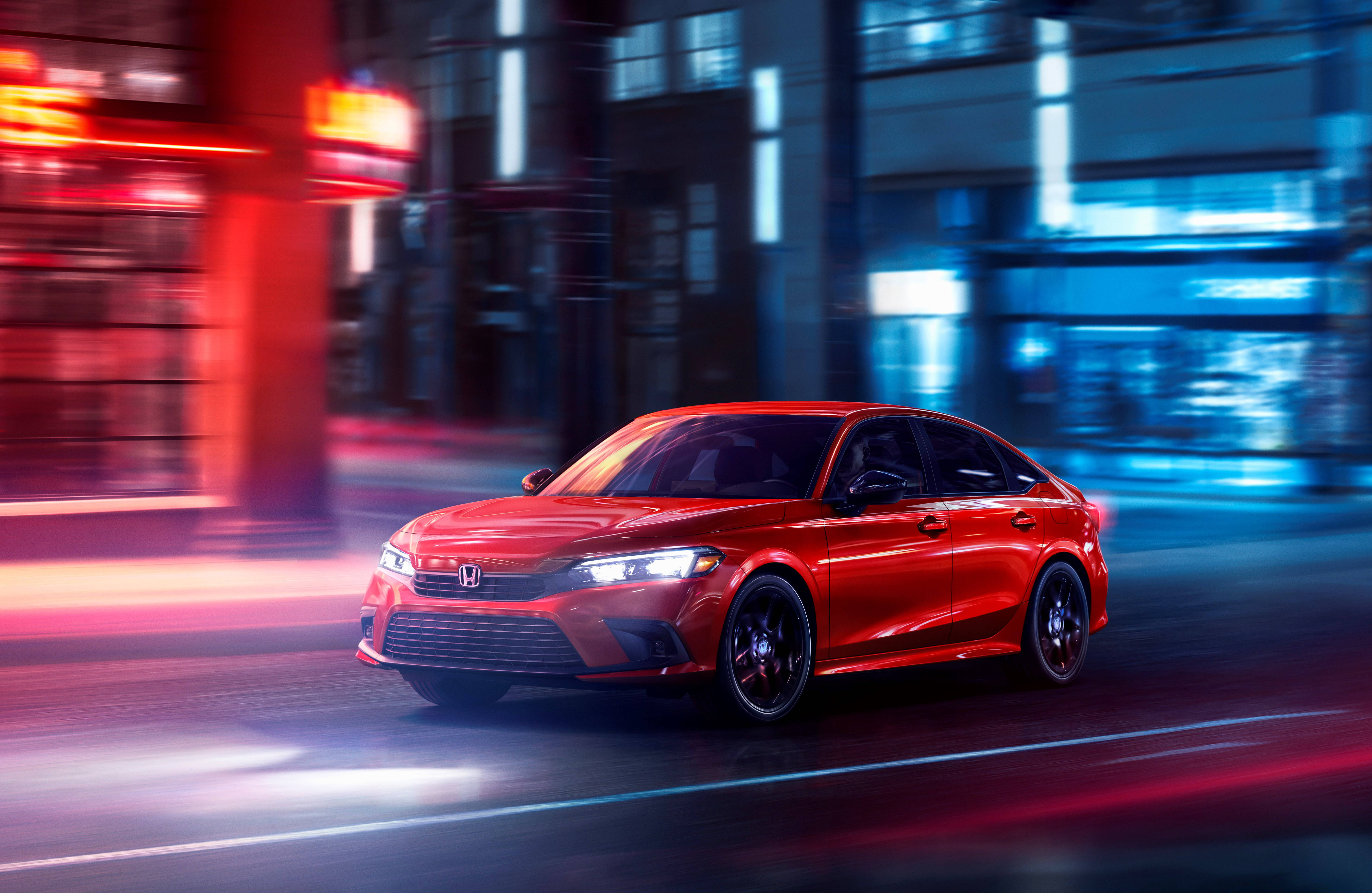 4K Honda Civic, red, neon-lit city street, 5K Desktop Wallpaper