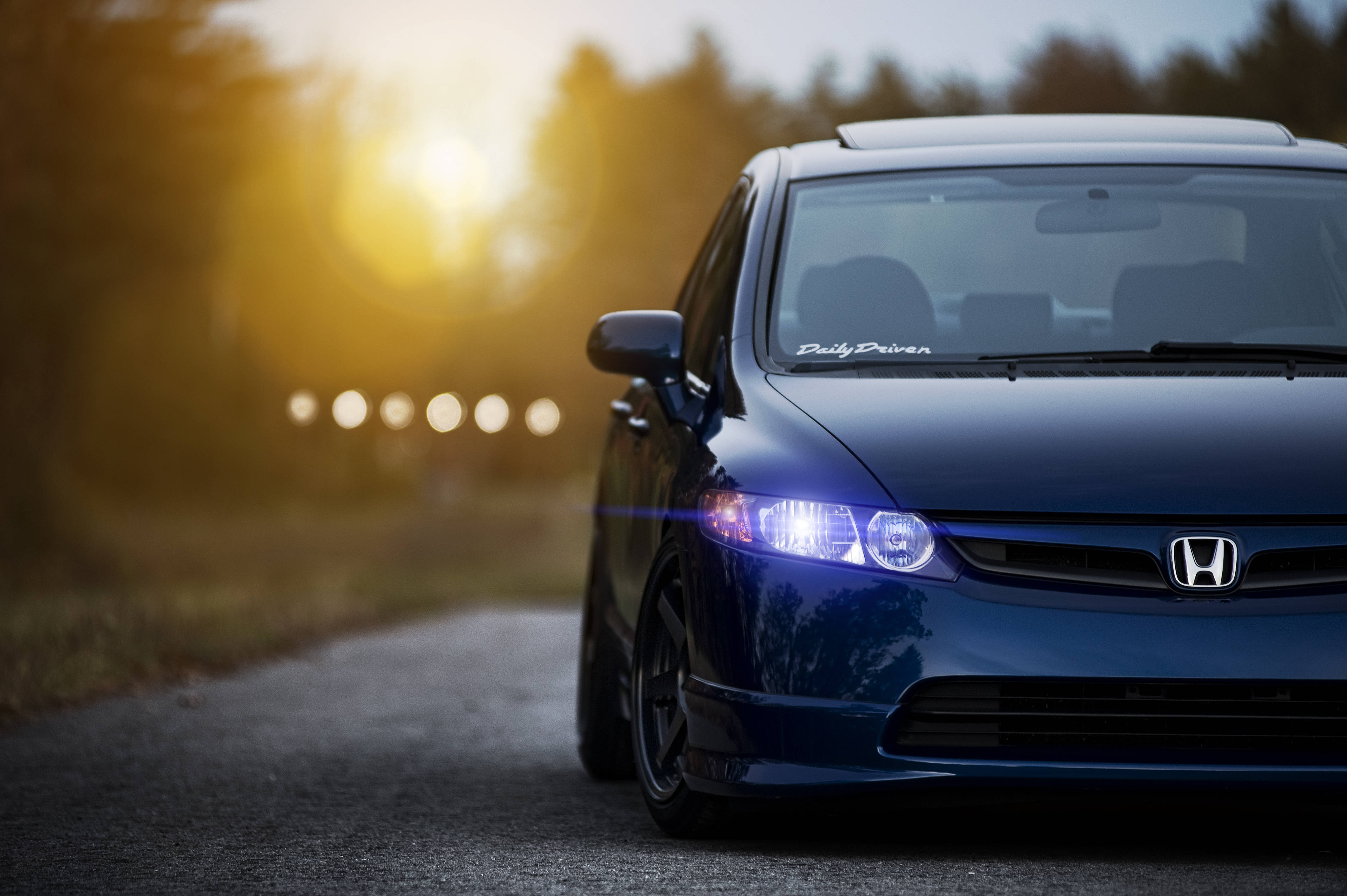 4K Honda Civic, blue Honda Civic, glowing headlights, 4K Desktop Wallpaper