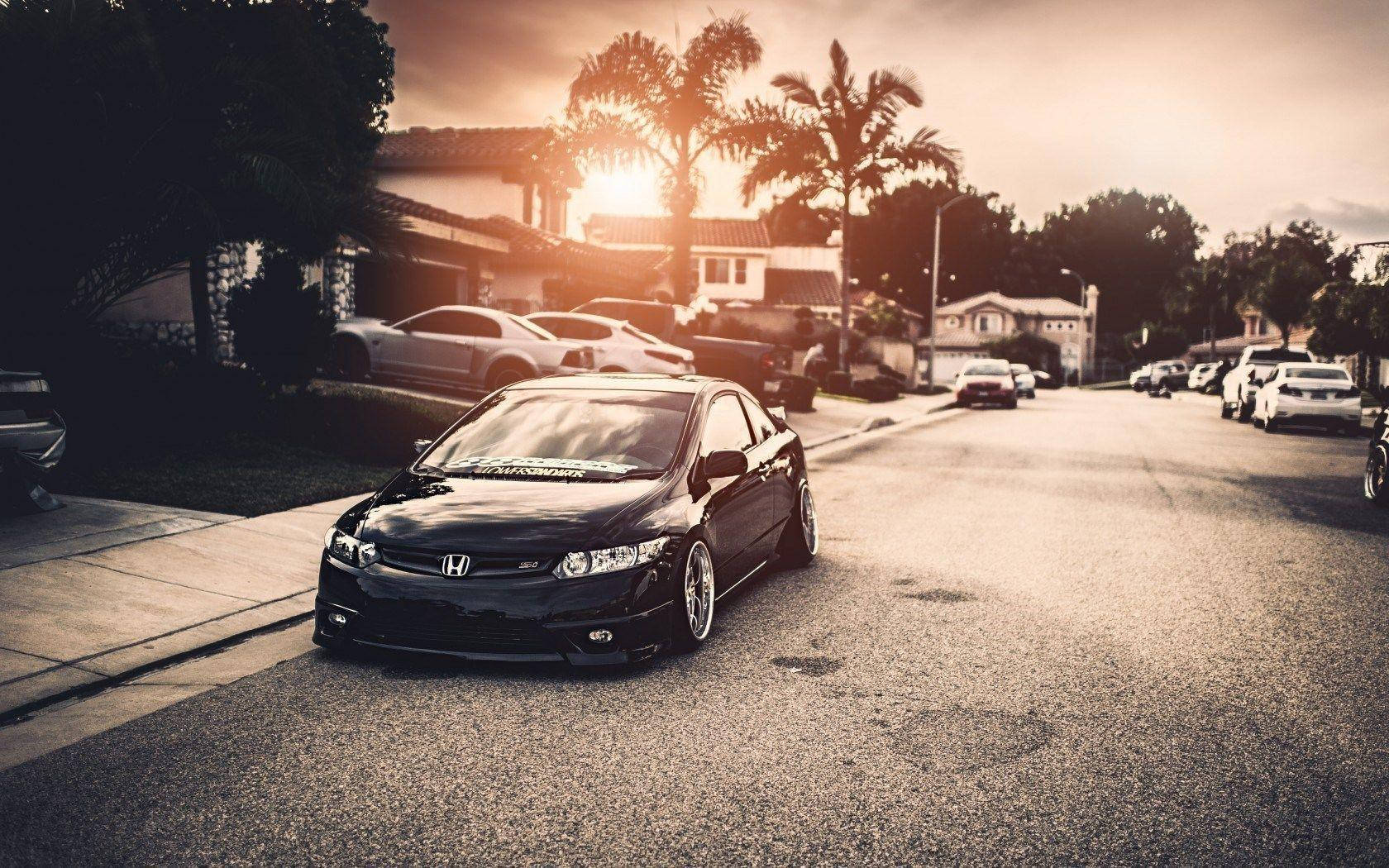 4K Honda Civic, black, palm tree-lined suburban street, HD Desktop Wallpaper