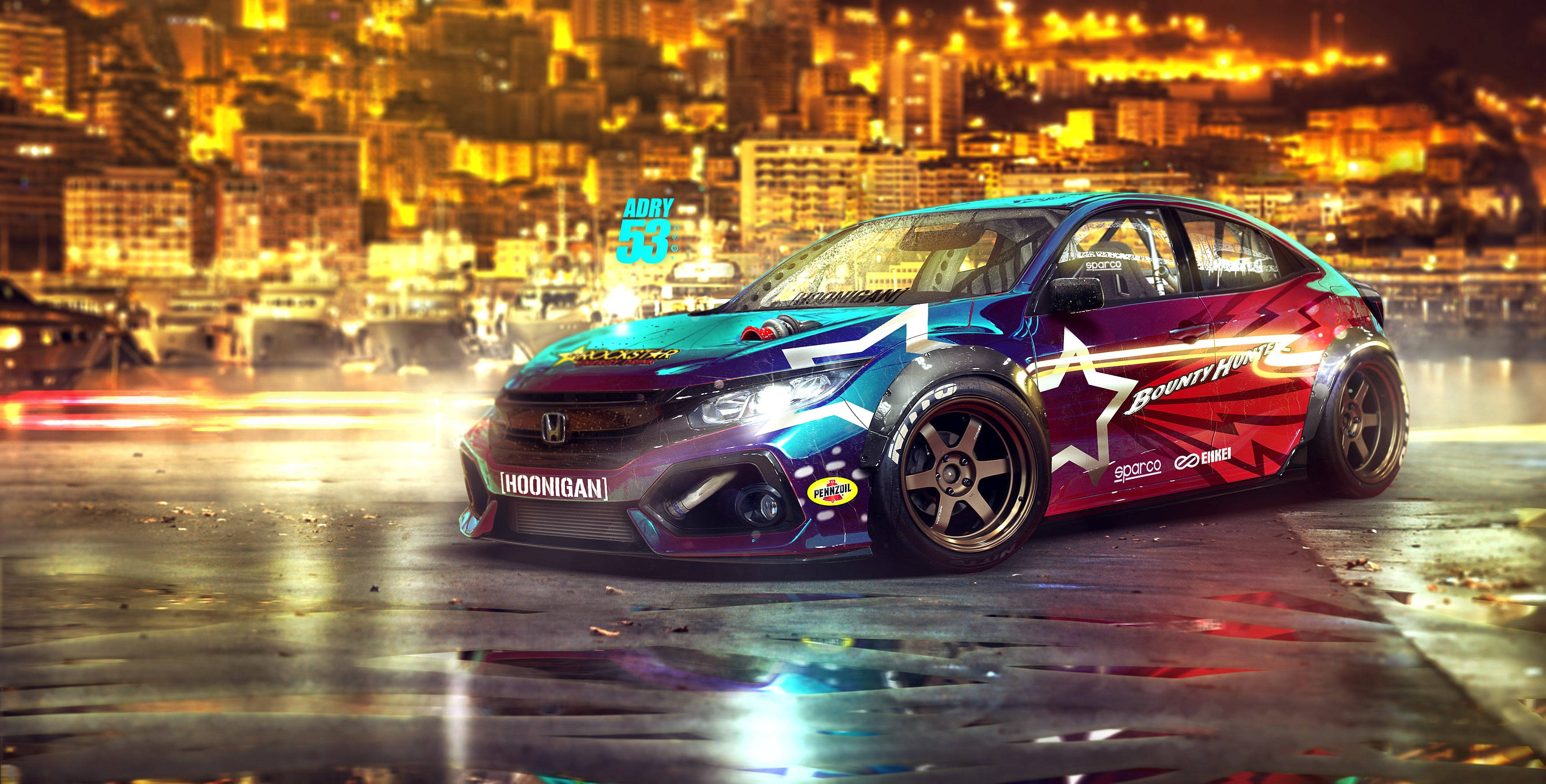 4K Honda Civic, glowing lights, rain-slicked city street, 2K Desktop Wallpaper
