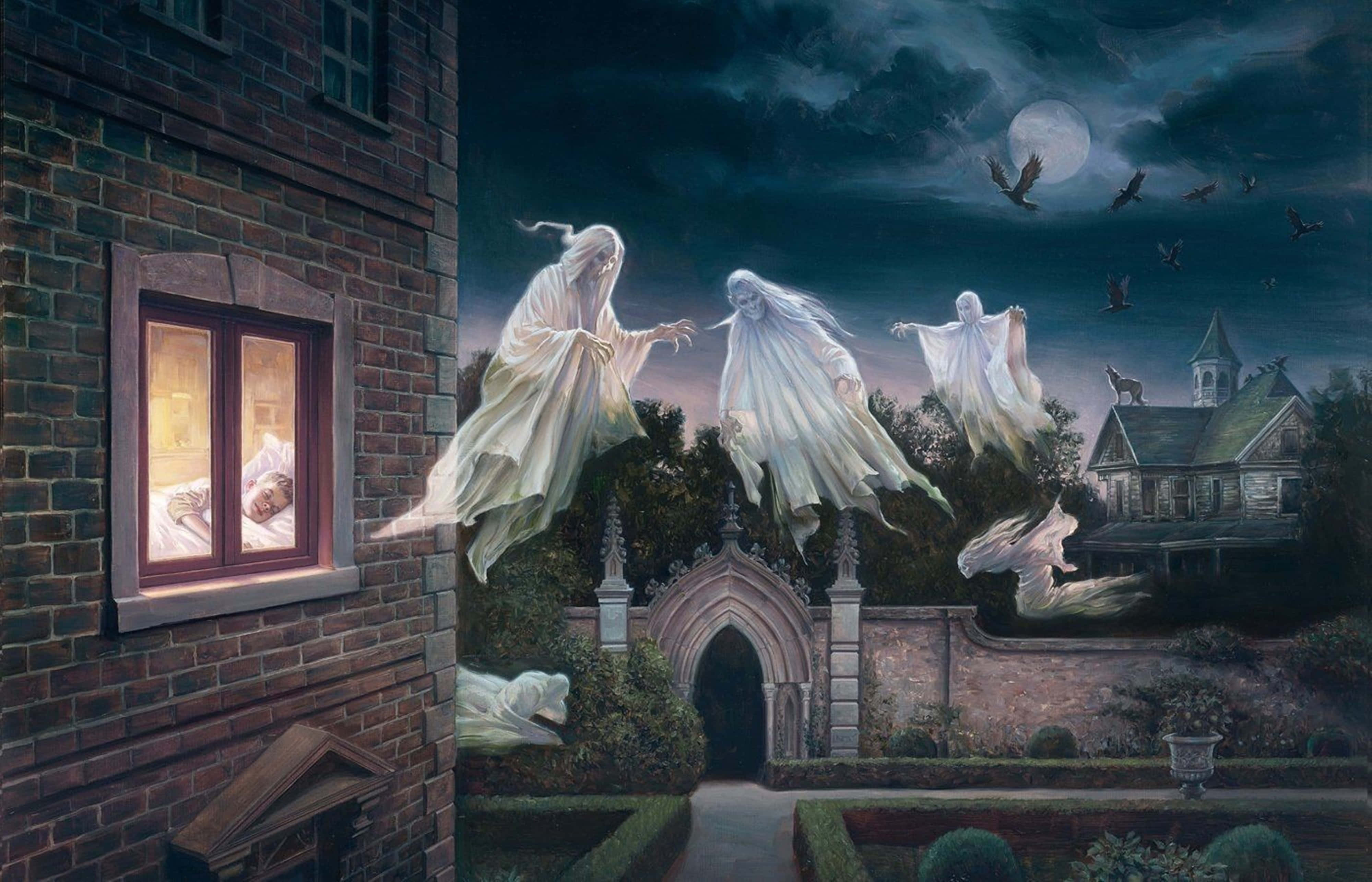 4K Horror, ghostly figures, flowing white robes, 4K Desktop Wallpaper
