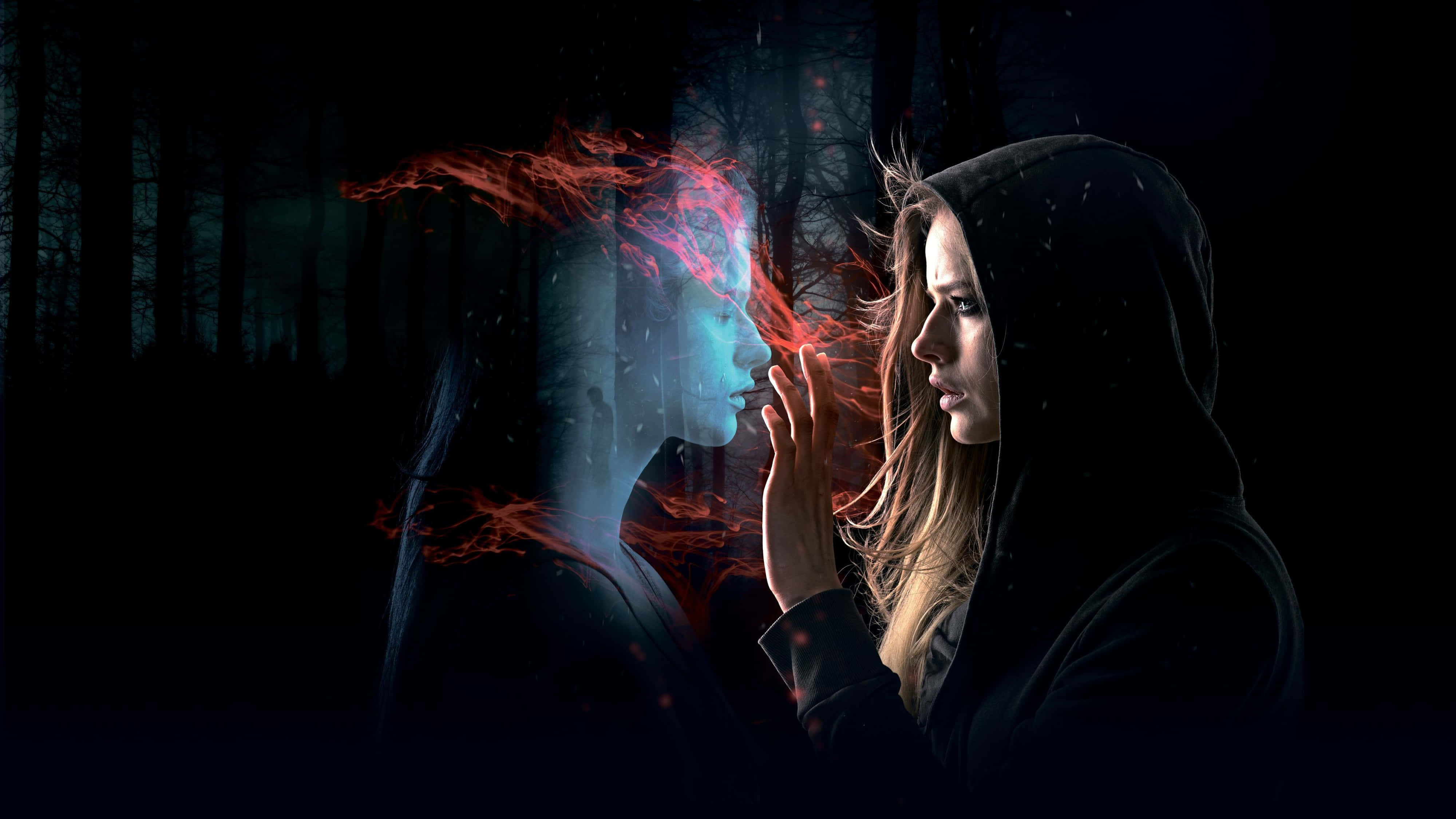 4K Horror, hooded woman, glowing blue ghostly face, 4K Desktop Wallpaper