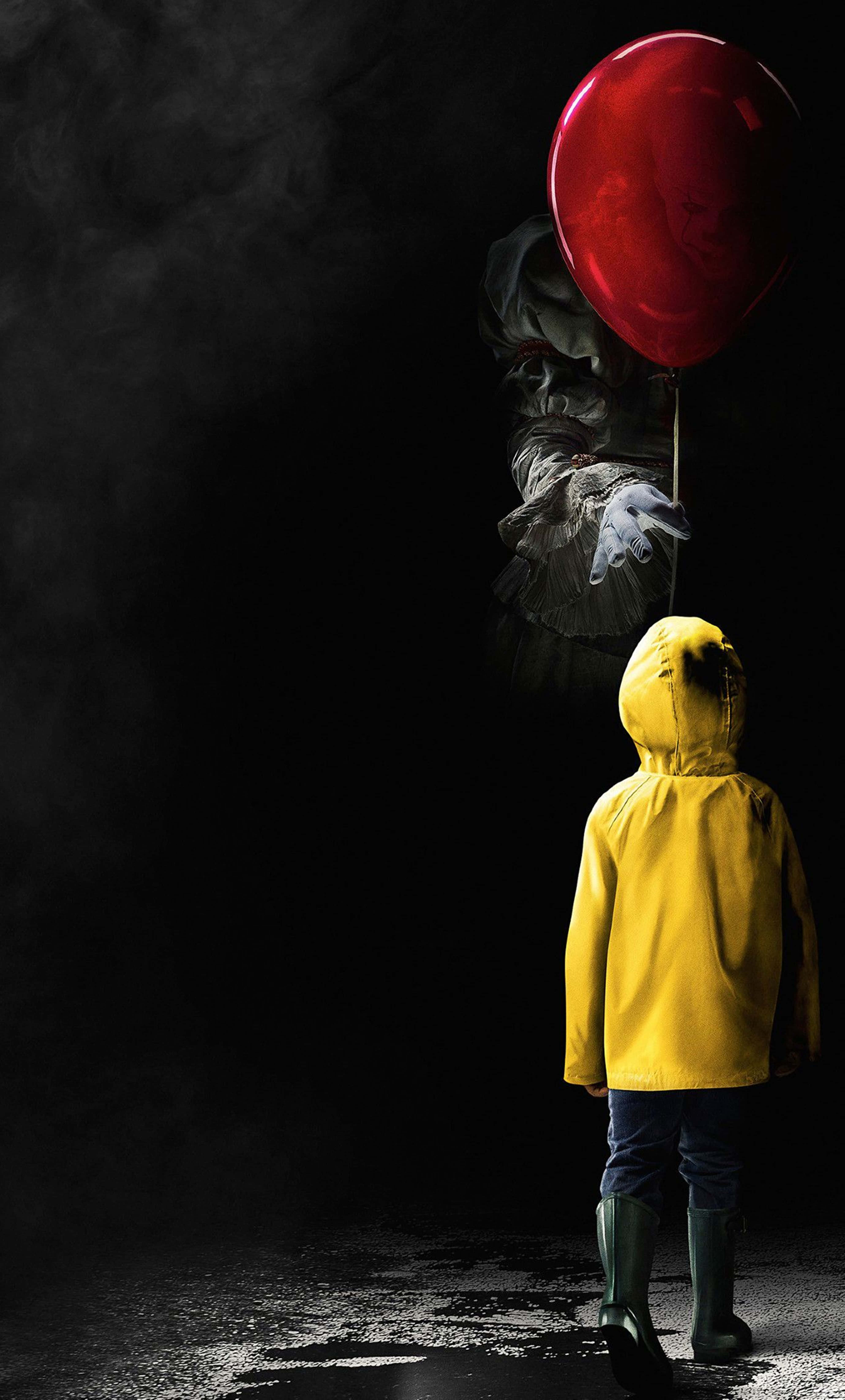 yellow raincoat, menacing clown, red balloon, 5K Phone Wallpaper