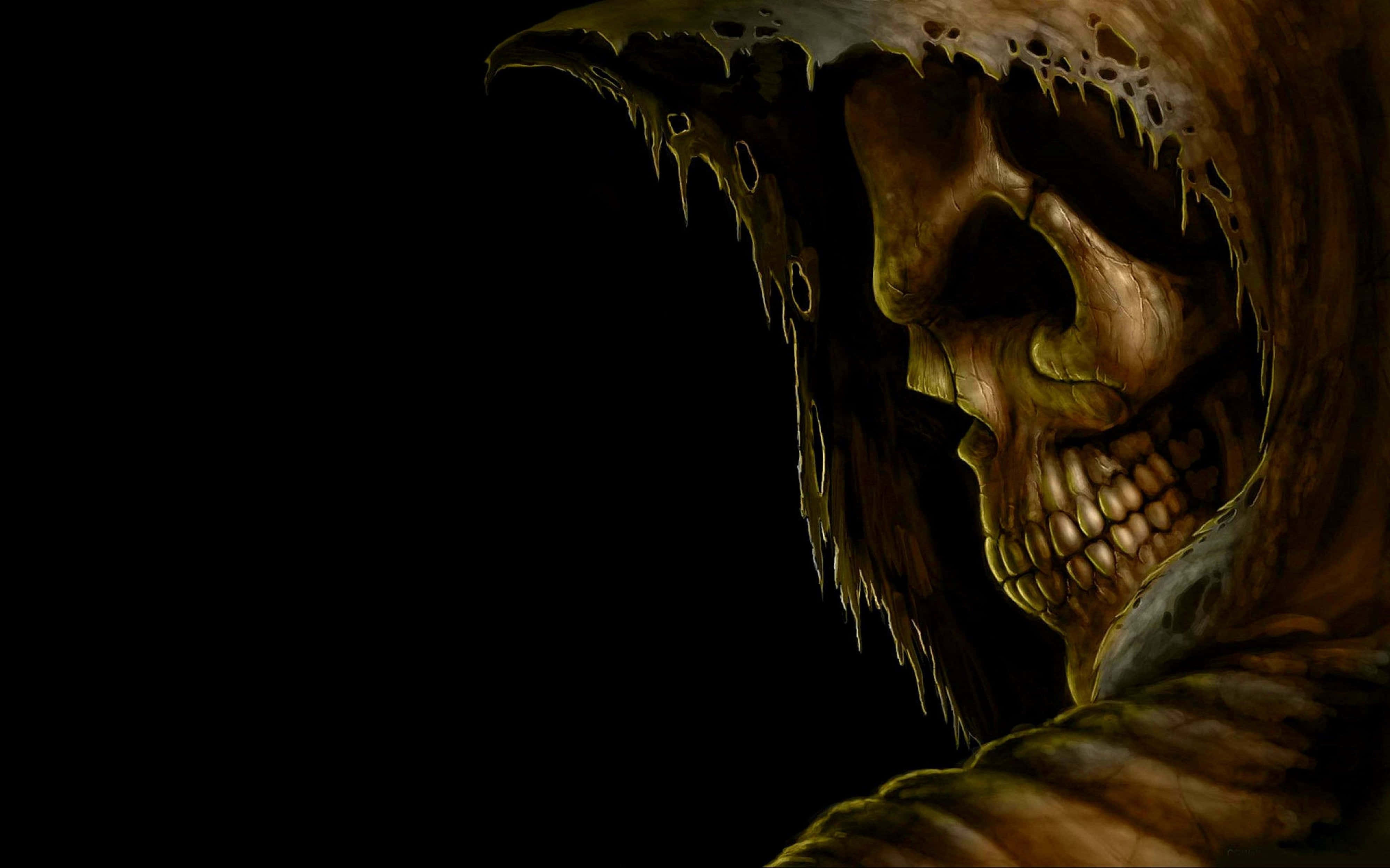 4K Horror, skull-faced hooded figure, dripping decayed fabric, 4K Desktop Wallpaper