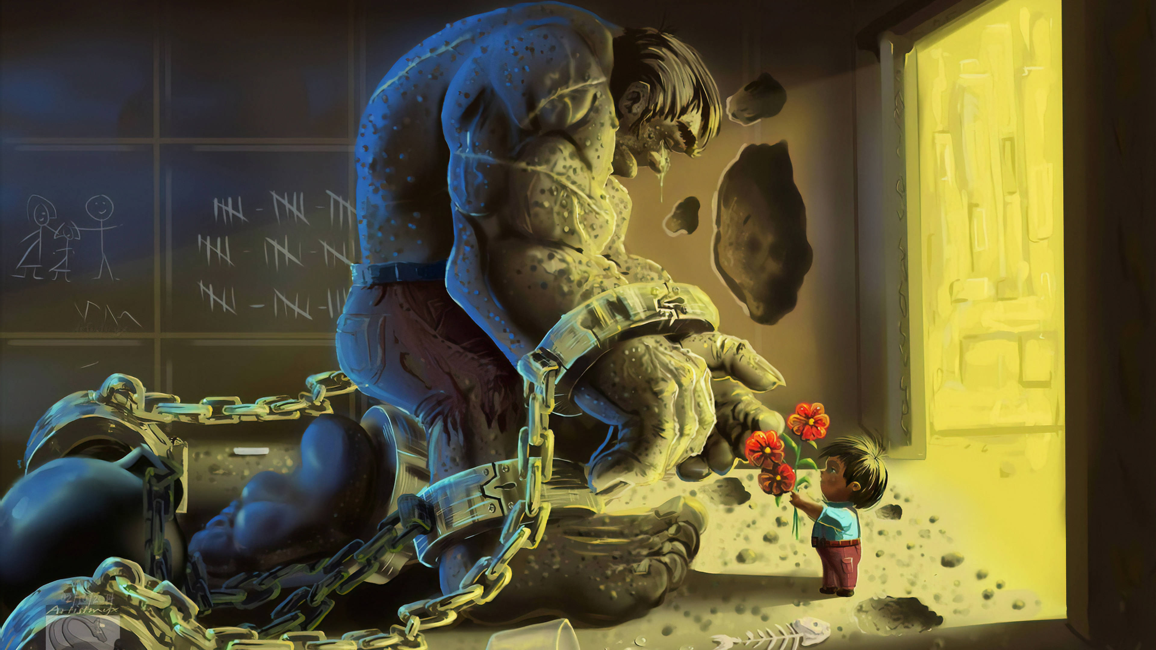 4K Hulk, chained giant, dim room, 4K Desktop Wallpaper