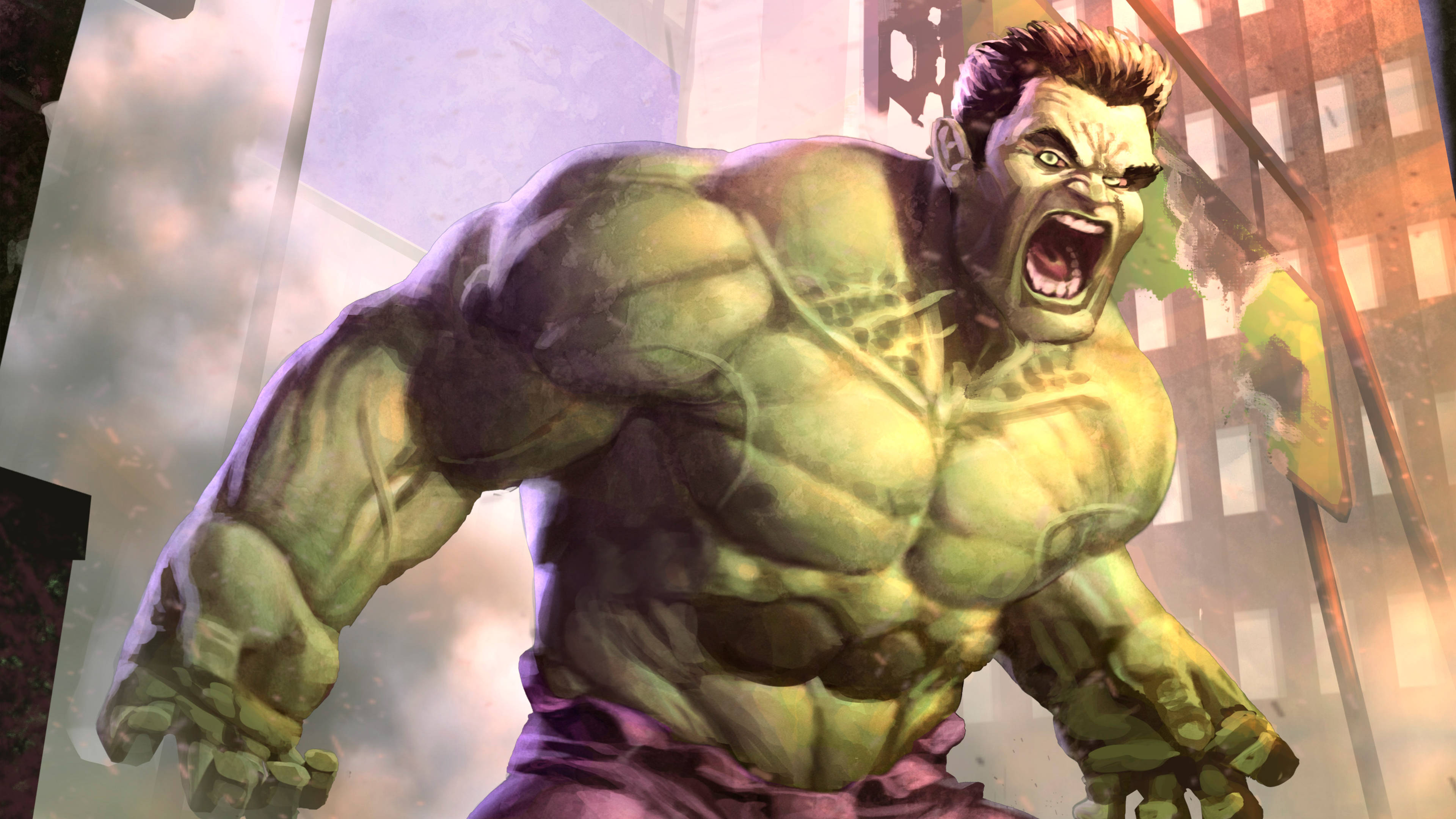 Hulk, crumbling city buildings, dynamic comic book style, 4K Desktop Wallpaper
